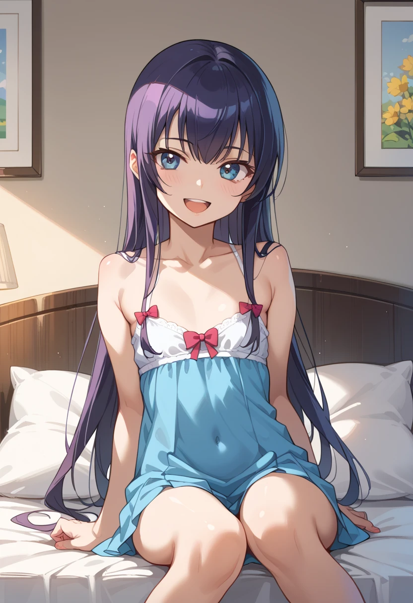 ((Best Quality)), ((masterpiece)), (be familiar with), perfect face, indoor, bedroom, watching viewers,
One woman, Saeko Tokushima,
open mouth, ecstatic expression, cover, smile,
small , flat chest, Young girl, lori, ren, girl,
long hair, long hair,
opening,
