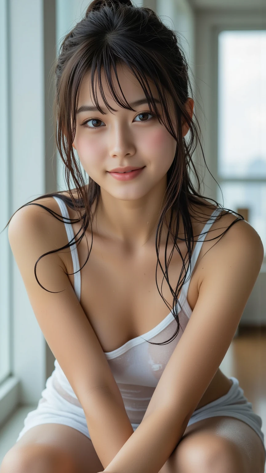 (8K、Raw photography、top-quality、​masterpiece:1.2)、(realisitic、Photorealsitic:1.37)、ultra-detailliert、超A high resolution、1 fair-skinned girl、luslous skin、beautifull detailed face、floated hair、big eye、(wetted skin)、(wetting hair)、water dripping、(Face uplifted)、profetional lighting、hot onsen、Sitting in the bathtub、(bare shoulders​)、(no brassiere)、White towel