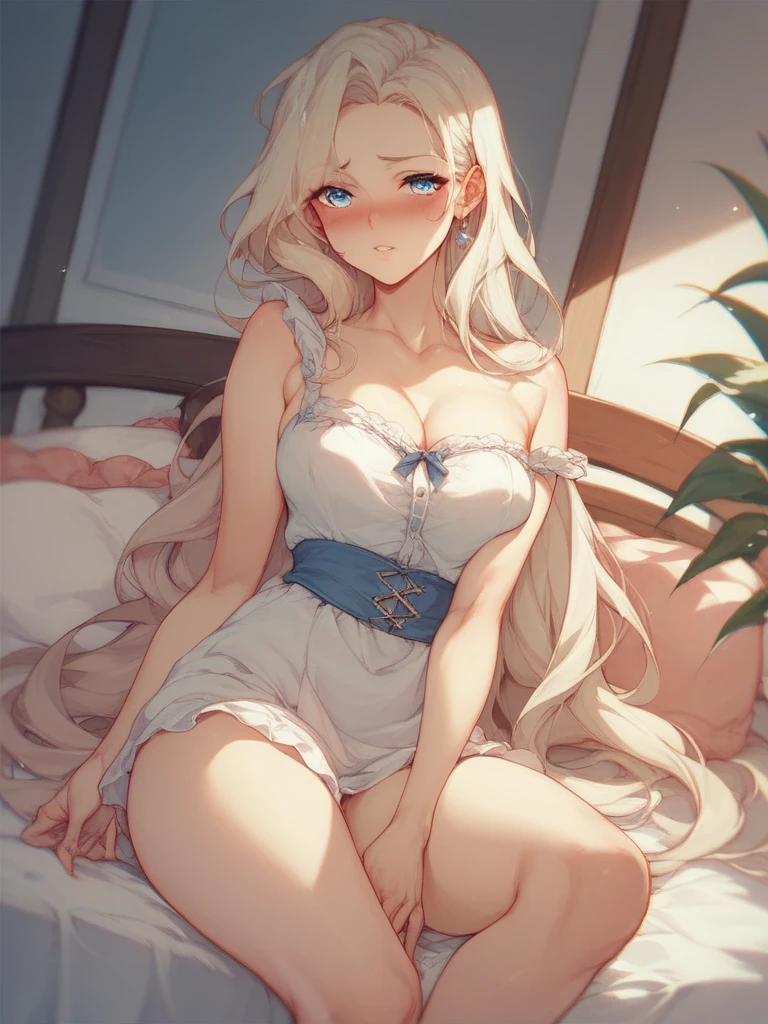 platinum blonde blue eyes shoulder length hair beautiful soft smile feminine graceful girl light blush silver bedroom bed sheets messy hair 