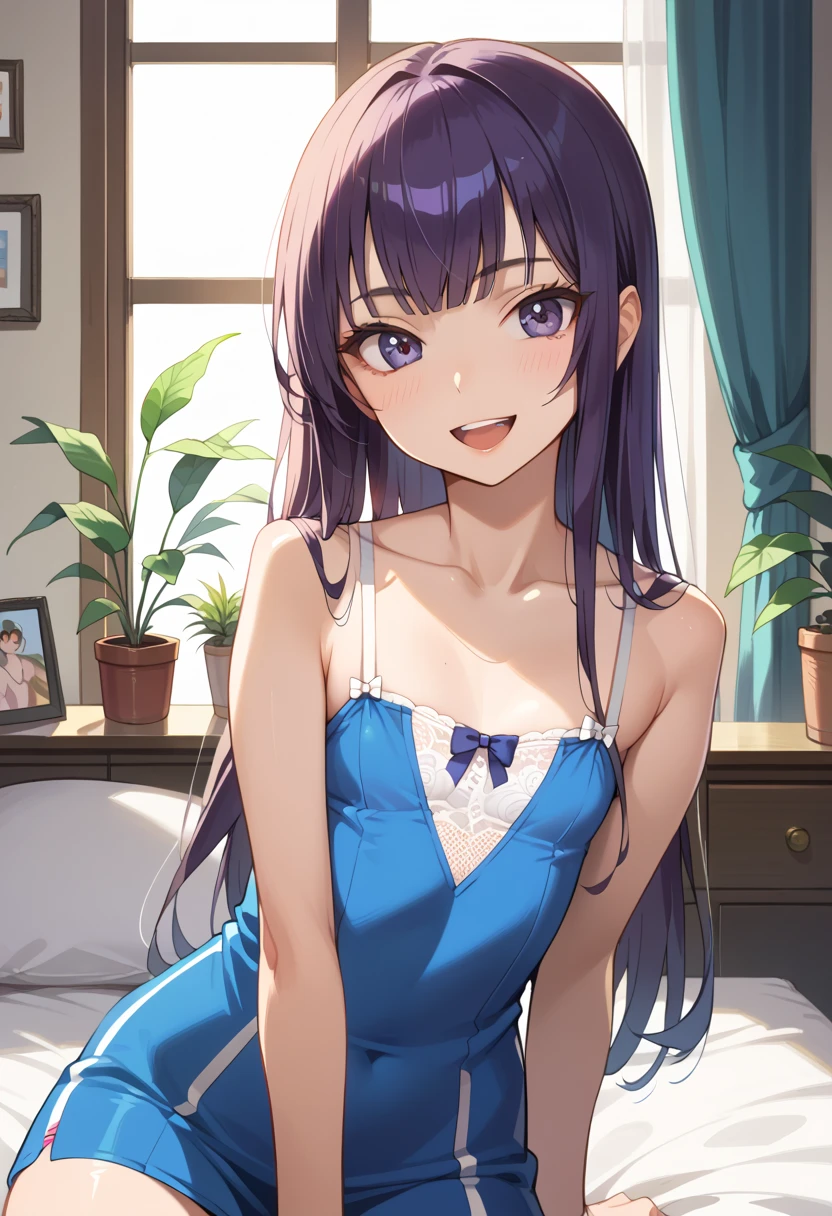((Best Quality)), ((masterpiece)), (be familiar with), perfect face, indoor, bedroom, watching viewers,
One woman, Saeko Tokushima,
open mouth, ecstatic expression, cover, smile,
small , flat chest, Young girl, lori, ren, girl,
long hair, long hair,
opening,
