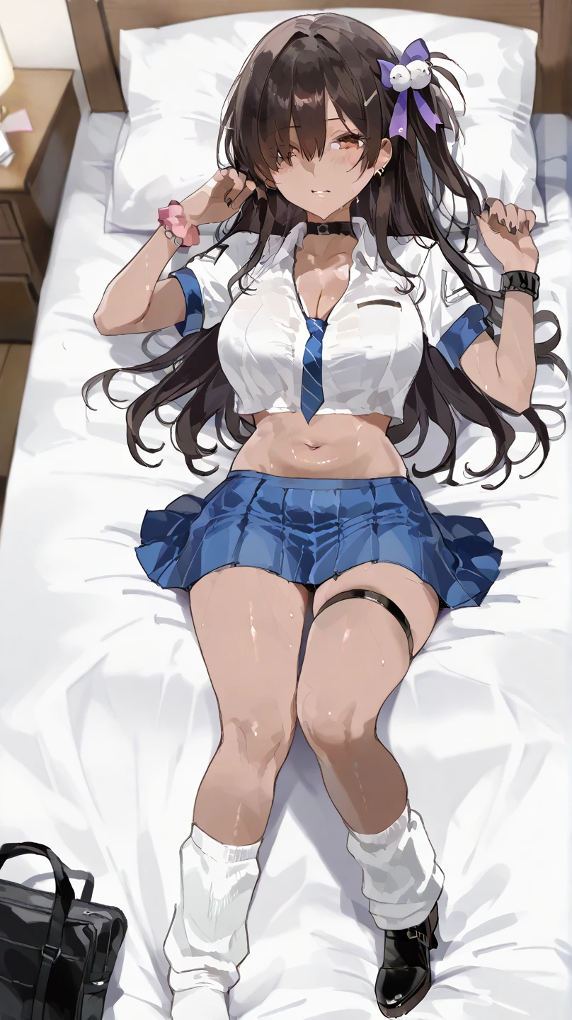 (check_9,check_8_up,check_7_up,),1 girl, Suzune Horikita /(elite class)/, Red eyes, black hair, open long hair, bang, braid a thin body,One,Maid,Maid headdress,I look at the viewer,apron,brown hair masterpiece, Best quality, absurdity,behind, the skin is thick, big breasts, cropped jacket, orange eyes, A long tail, очень big breasts, hips, gluteal fold, legs without shoes in black tights to the waist, waist, bra, white underwear, Full body view from head to toe, lying position on the bed, dakimakura, photograph from above