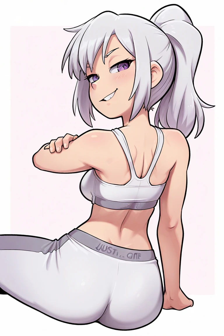(masterpiece, best quality:1.1), 1girl, solo, standing, hand up, open hand, looking at viewer, upper body, blush, breasts, medium breasts, baggy clothes, happy, white background, border, simple background, cody \(dross\), long hair, white hair, ponytail, blue eyes, sports bra, tan, sweat