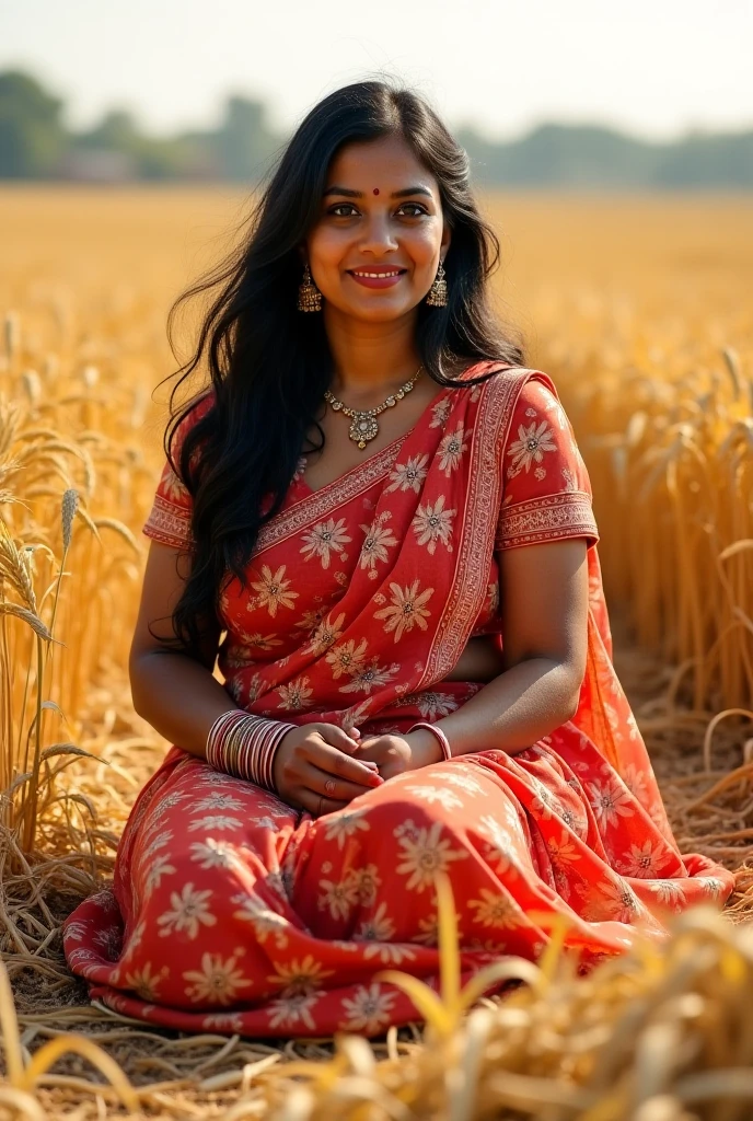 photo of Indian girl, ((( girl wearing red saree ))), Large Breasts exposed ,Indian,perfect eyes, dusky skinned girl, curvy_hips, chubby, sexy_body, seductive_pose, slavery, village girl, farming, standing in fields, Saree