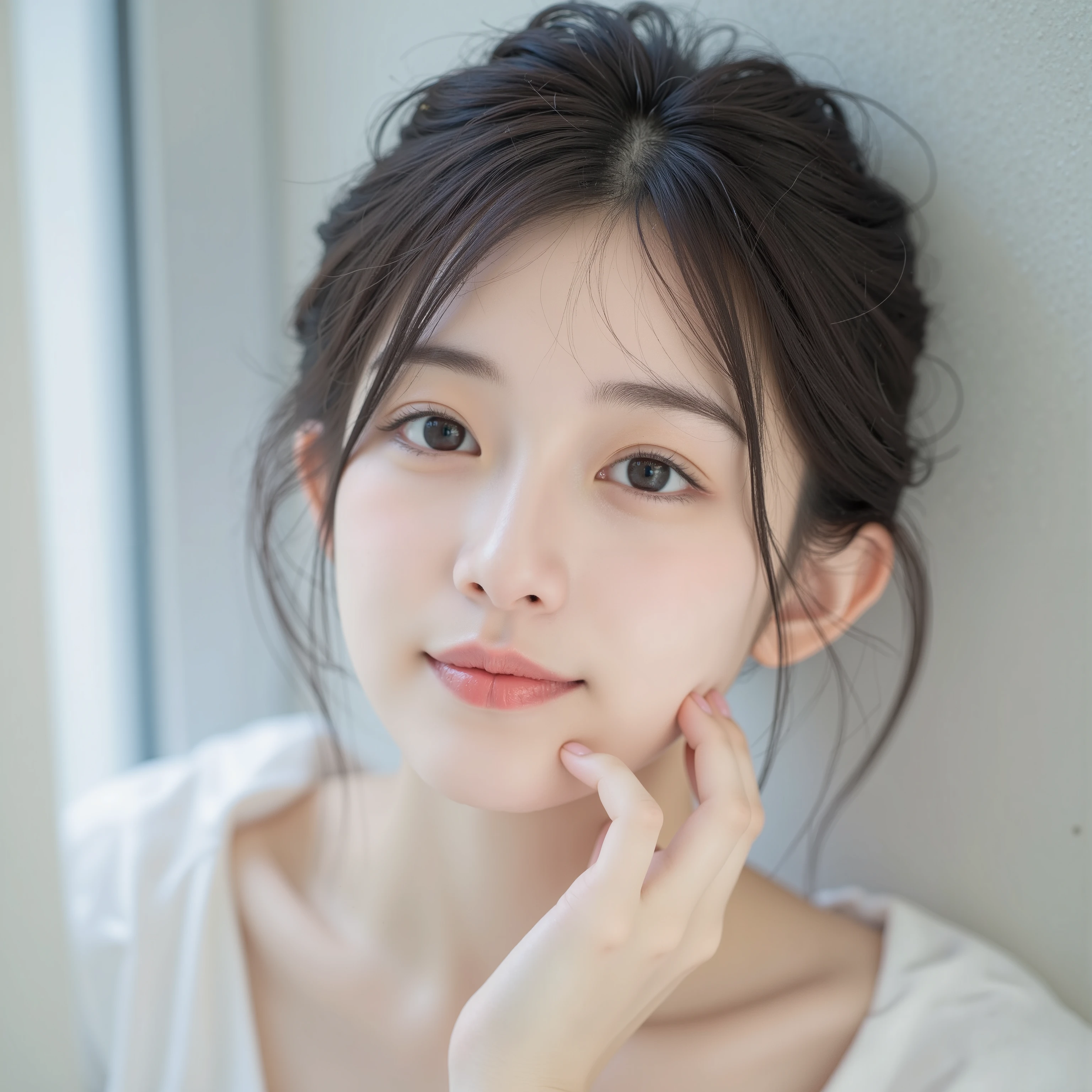 Create an image of a Asian woman. She is Chinese Super Celebrity, Korean Idol Girl. A charming smile, Although, Very charming. Clear skin , Sometimes use slightly messy hair to create a natural look. Almond eyes, sharp eyesight ,usually has a clean, neat hairstyle. , black, smooth hair, full of modernity . Create an image of a asian woman with delicate a facial faces, fit. The skin tone is slightly light yellow due to outdoor sports, , an upright posture.