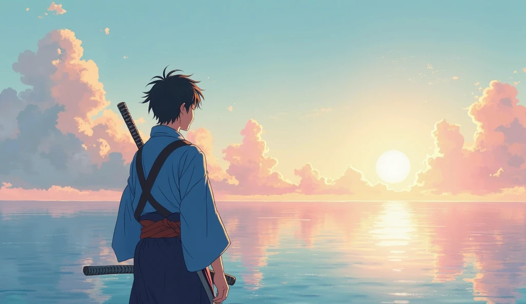 An anime-style digital illustration of a young samurai standing at the edge of a calm ocean, gazing toward the horizon. He wears a traditional blue kimono with a katana sheathed at his side. His hair is tousled by the wind, and his posture is reflective and composed. The sky is painted with soft pastel clouds, blending into the mirror-like surface of the sea, capturing the golden-orange light of the setting sun. The scene is peaceful, cinematic, and filled with emotional depth, emphasizing solitude, strength, and purpose. Wide 16:9 composition, no text.