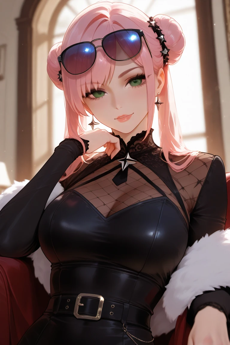 ((Best Quality)), ((masterpiece)), (detailed), 1 girl, off shoulder sweater,((gothic girl)), Long messy hair, dark pink locks,pink eyes, purple lipstick and black eyeshadow,tight latex clothing, holey top ,spiked necklace,mini skirt,fishnet stockings , punk boots,big breasts.Black room background with pink stuffed animals , sitting in bed.