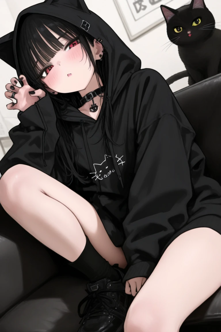 Female 3P、cute、evil grin、peace、Inside the Hotel、Sitting、
black and White hoodie、Red and black hoodie、White hoodie、black platform boots、black platform boots、perfect finger、
Brown Hair、Black Hair、Black Hairロング、3✕3の目、black eye、