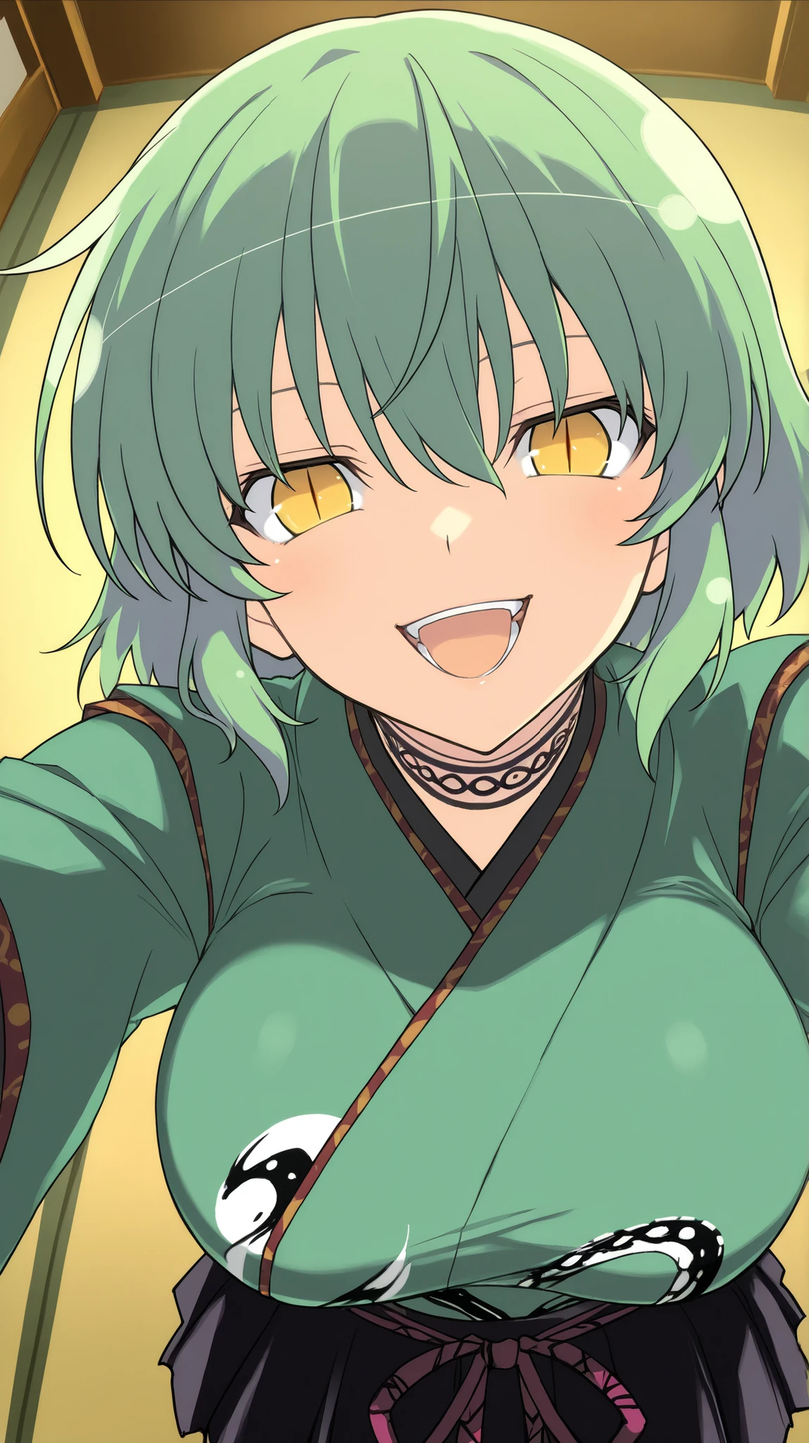 hikage,senran kagura
High quality , best quality , masterpiece, High Resolution , detailed face( LoRA: hikage),anatomically correct, detailed hair Style( LoRA: hikage),anime Coloring
solo, 1 girl,cool woman
, green hair, Medium short hair, bob cut ,slit pupils, yellow eyes, large breasts
green kimono,black hakama,, Japanese clothes
looking at viewer ,close up, upper body,from above
Japanese-style room, ,
,open mouth , Expressionless,crazy smile,crazy eyes