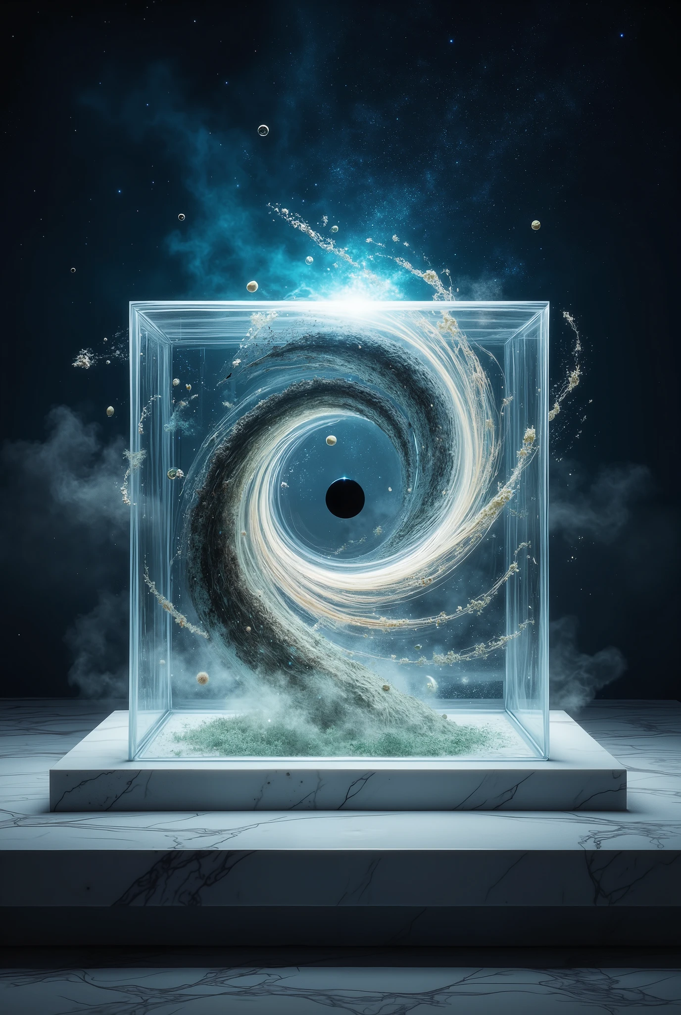 The Space Funnel is in a glass Square, The moonlight standing on a marble table, in the night falls on the box, Outer space, the universe can be seen as a spiral twisted like a funnel into which everything around it draws, you can see asteroids that fly to the center of the funnel and the galactic star bullet turns like the whirlpool of the universe in the center is a small black hole that attracts cosmic dust, twisting everything around, The box contains stars and spatial traces beautiful around the box a small mystical haze like nitrogen envelops and gives mysticism and splendor, the whole table is covered with haze and descends to the bottom like a small waterfall, fantastic scene, SCI-FI, Science Fiction style, space, masterpiece, best quality, High detail, Maximum quality, High quality details, difficult details, lots of details, rotation, Fine particles , breathtaking sight, unprecedented Phenomenon, The Otherworldly, 8k, fantasy style,