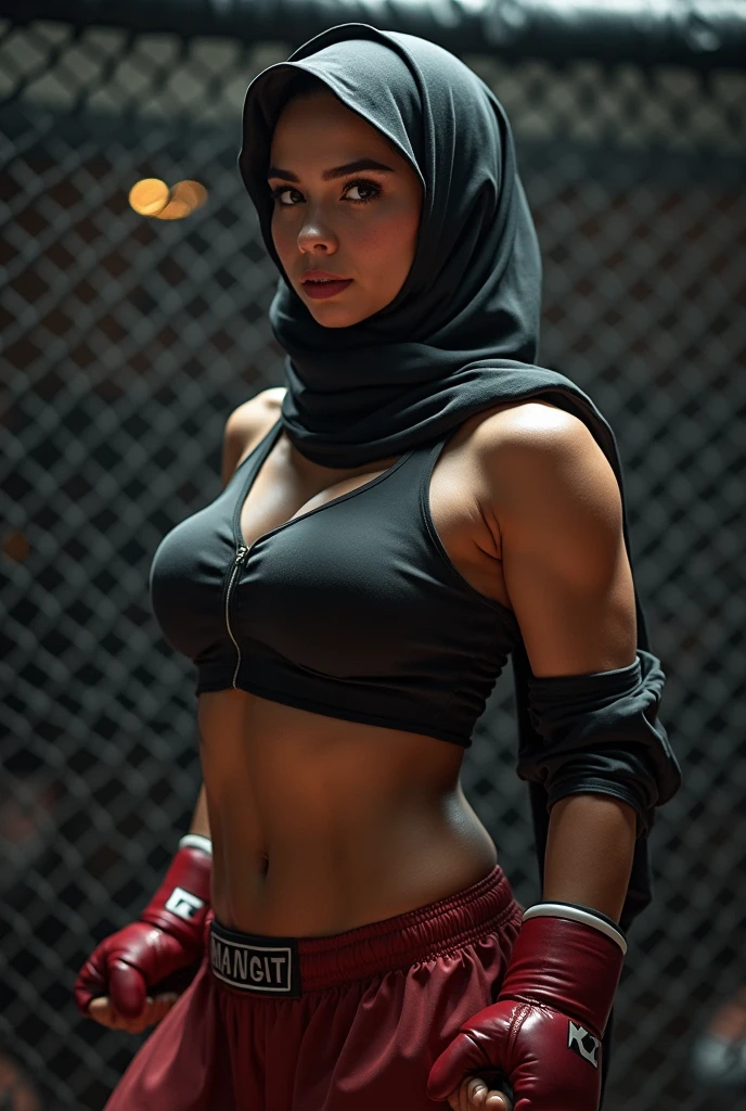 (editorial photograph of an 18 year old brown skin Indonesian woman), (slim top, cotton panties, MMA gloves, hijab), (highly detailed face:1.4), (smile:1.1), (muscles:1.2), (MMA pose:1.2), (background inside light, bright, private gym:1.1), (8k, uhd, dslr, high quality, cinematic lighting, bokeh), (dramatic, award winning photography, incredible masterpiece:1.3), (((thighs spread wide apart in a sexy way)))