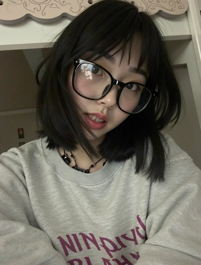 Girl with glasses, short hair, , black sweater