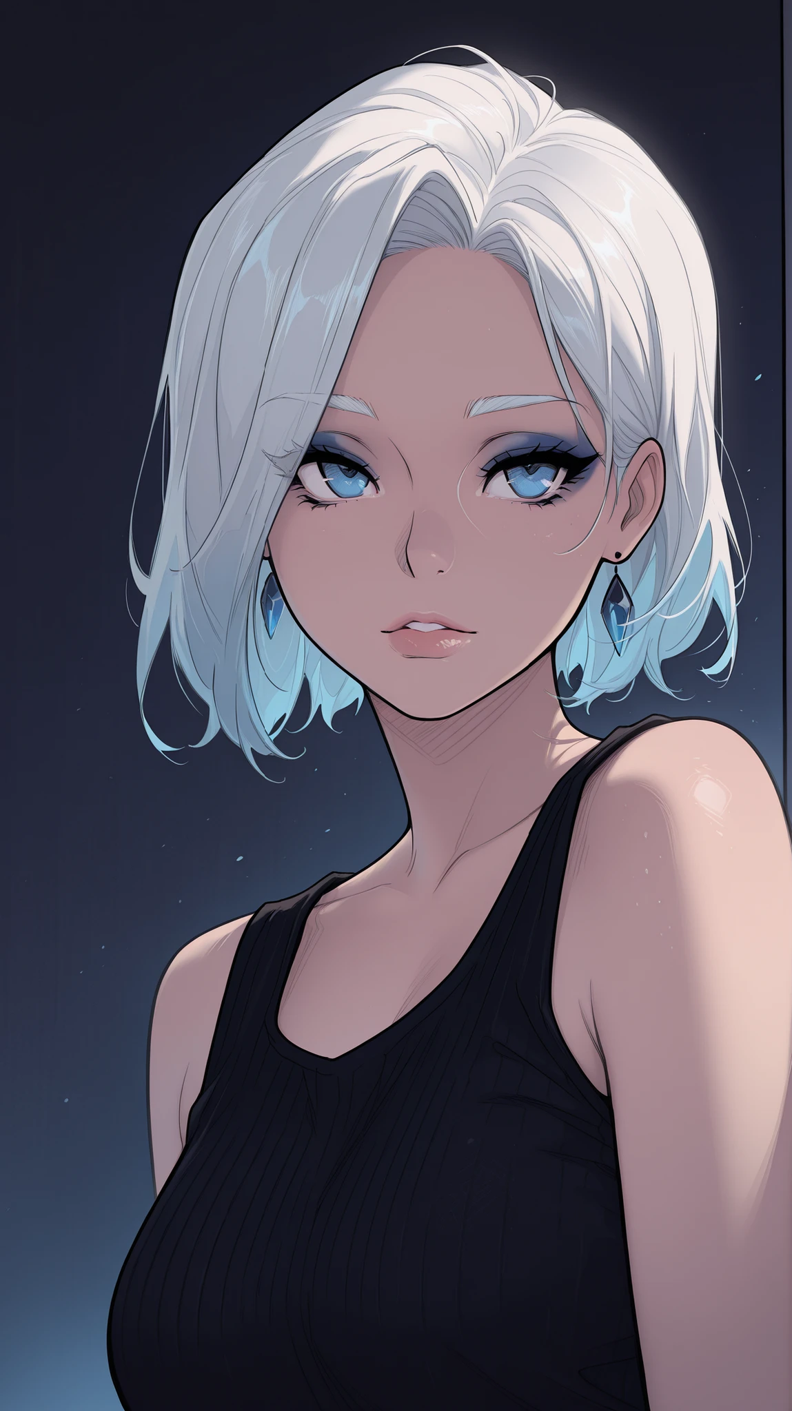masterpiece, best quality, amazing quality, newest, very aesthetic, 1girl, an intense, evocative portrait from (comic) art-style,Image is a digital painting featuring a stylized portrait of a woman with a striking, ethereal appearance. Her skin is depicted in a pale, almost icy blue tone, contrasting sharply against the dark background. She has short, white hair that is slightly tousled, adding a sense of movement to the composition. Her eyes are large and expressive, with a vivid blue color that matches her skin tone, and are accentuated by dark, dramatic eyeliner. Her lips are slightly parted, painted in a subtle shade of blue, complementing the overall color scheme. The woman is wearing a black, sleeveless top, which further emphasizes the cool tones of her skin and hair. The artwork is characterized by bold, confident brushstrokes and a minimalist color palette, creating a modern and captivating visual effect.