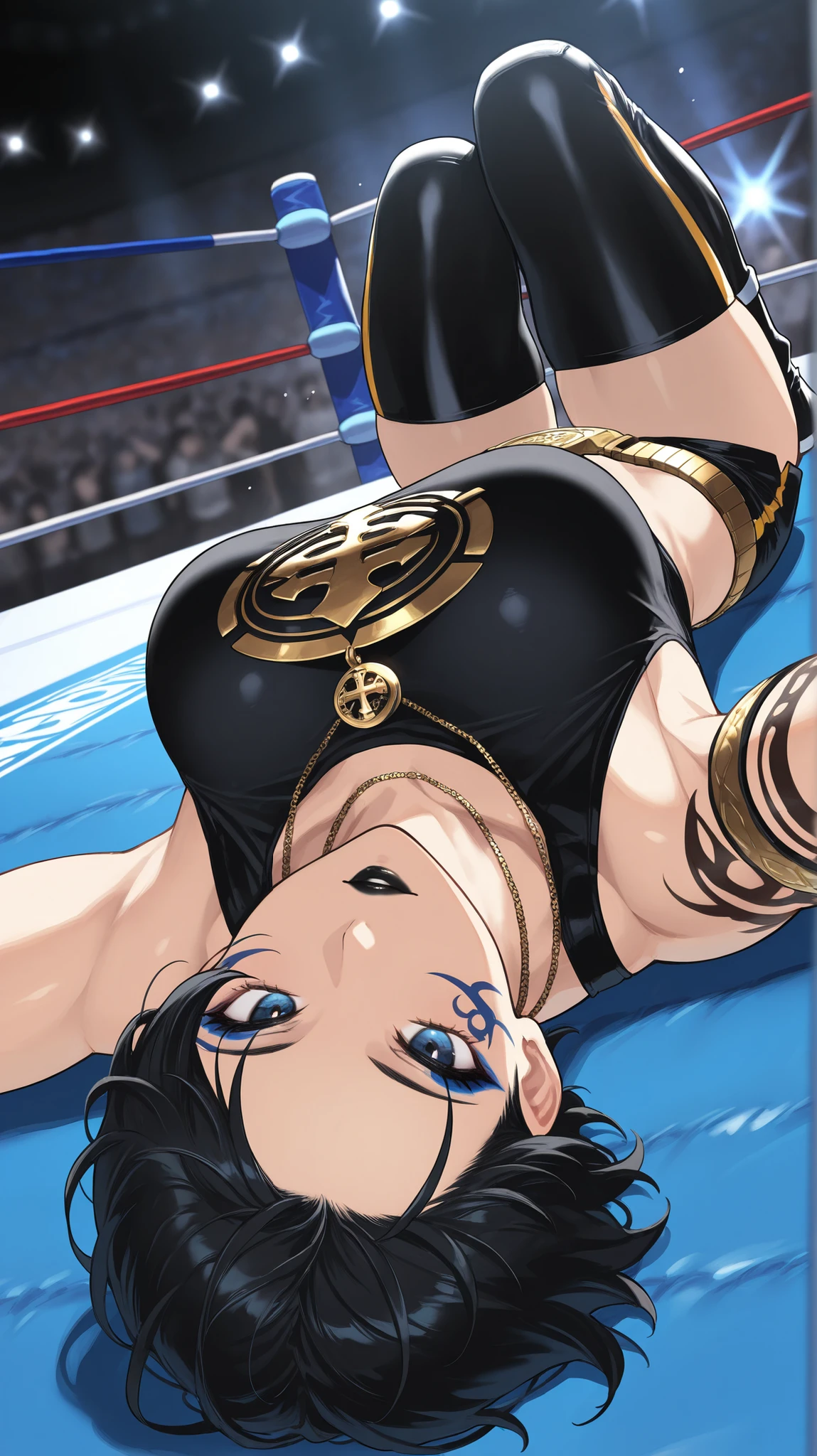1 girl , solo , night time, realistic background, arena, nightclub, venue, Female wrestler, shiny ring gear, shorts, top, black and gold outfit, fit body, exposed midrift, muscular body,sweaty, glistening, knee pads, elbow pads , wrestling boots , champion belt, strong pose, flexing muscles,weight lifter, muscular, muscle mommy, insane muscles, huge muscles, biceps, deltoids, triceps, quads, thicc, shiny skin, wet skin, tanned body, hulk body, steroids, body builder, bakki , grappler bakki, bakki hanma, jojos bizare adventure, hokuto no ken, wwe, wcw, aew, njpw, roh, pro wrestling, noah, pro wrestler, street fighter, tekken,