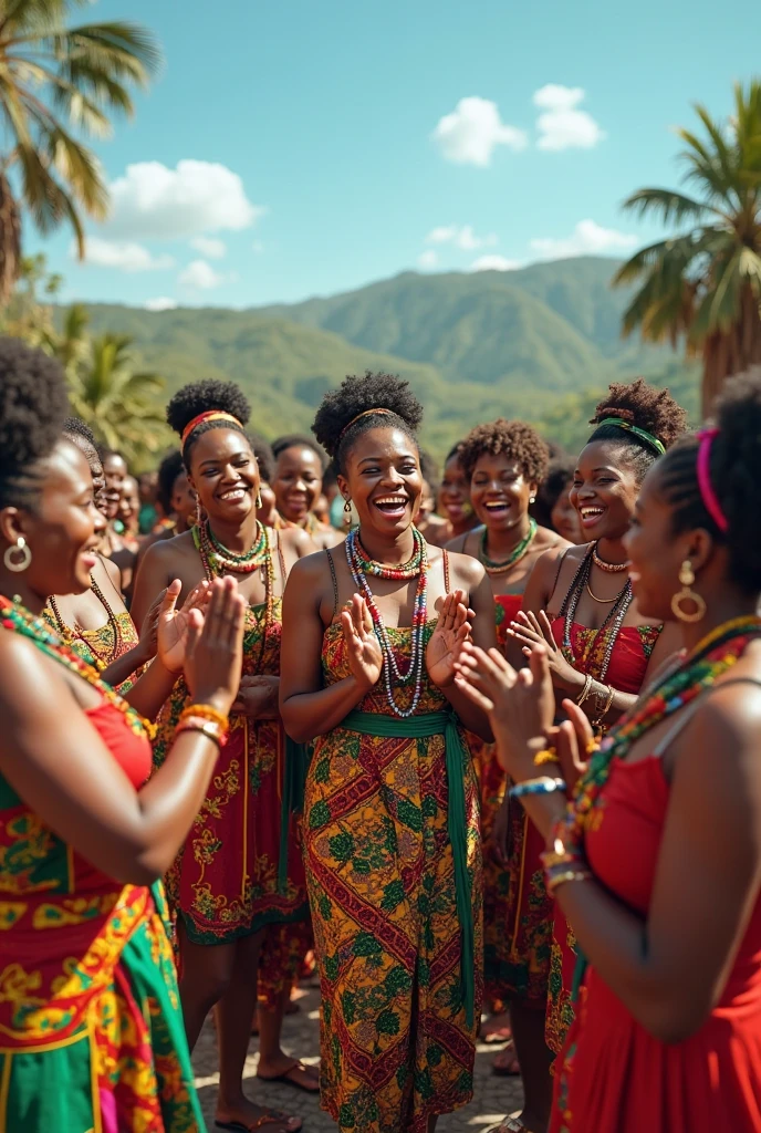 An African woman celebrating with friends and family, surrounded by traditional decorations and joyful expressions, with a sense of accomplishment