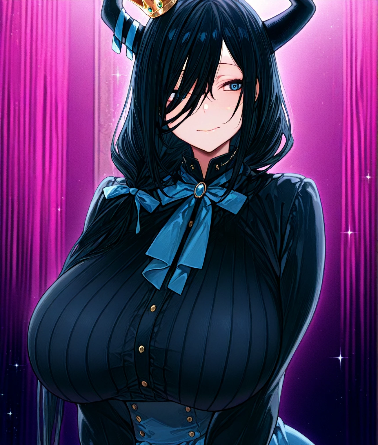 Victorian, 1girl, Victorian ball room, black hair, toned body, blue eyes, smug face, fancy hat