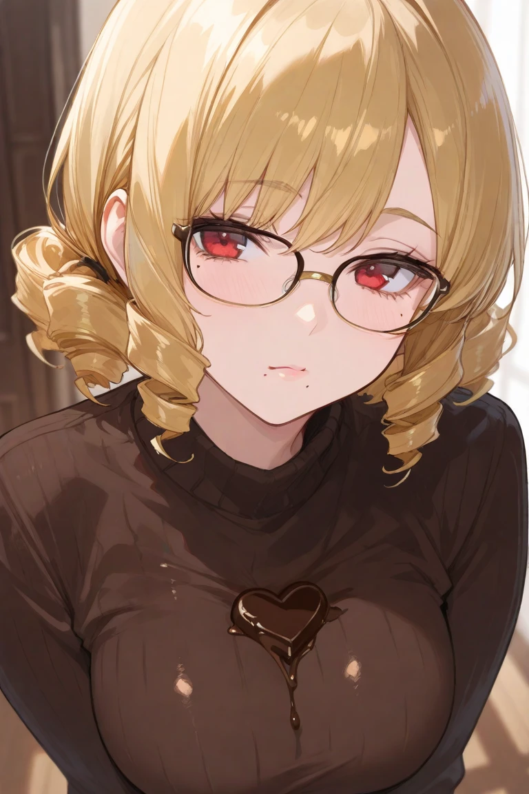 chubby girl, blonde, green eyes, medium length hair, open forehead, without bangs, glasses with black square frames
red dress, long dress, elegant dress, sequined dress, gloves, red gloves