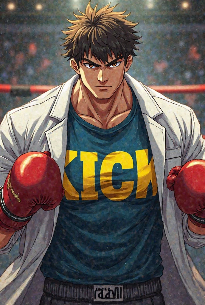 (in style of Takeshi Obata:1.3),
boxing posing, dynamic action, expressive action,boxing boy fullbody portrait,blue boxing gloves,puffy eye sockets,bruising of the cheeks,boxing_shorts,