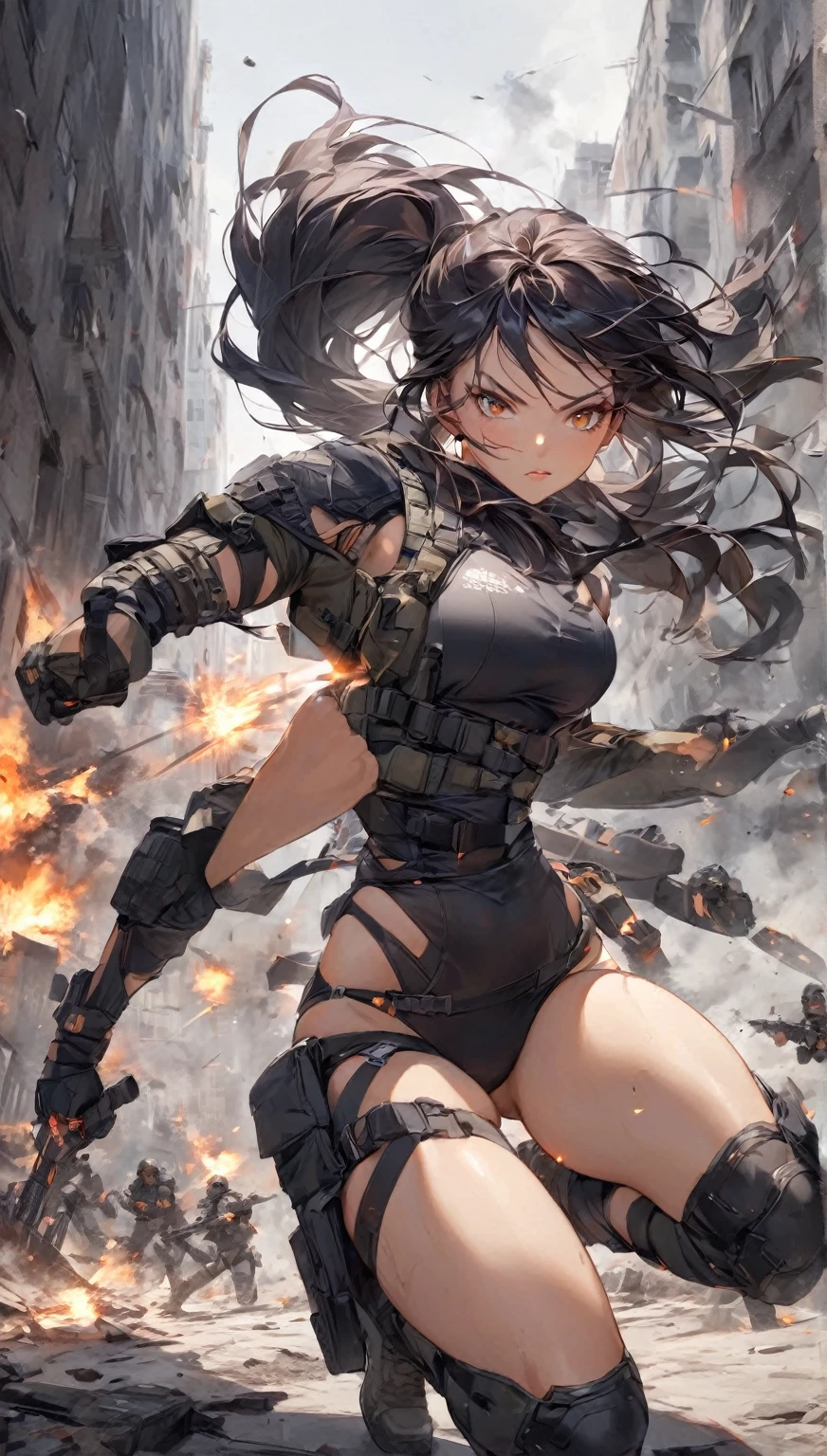attractive tactical girl wearing nothing. nude naked. She should have a confident and fierce expression, highlighting her agility and strength. The background should depict an urban or battlefield setting, adding a sense of intensity and action. Emphasize her readiness and combat skills while maintaining an alluring appearance. Tactical, Female Warrior, Urban Combat, Action, Intensity, Battlefield.