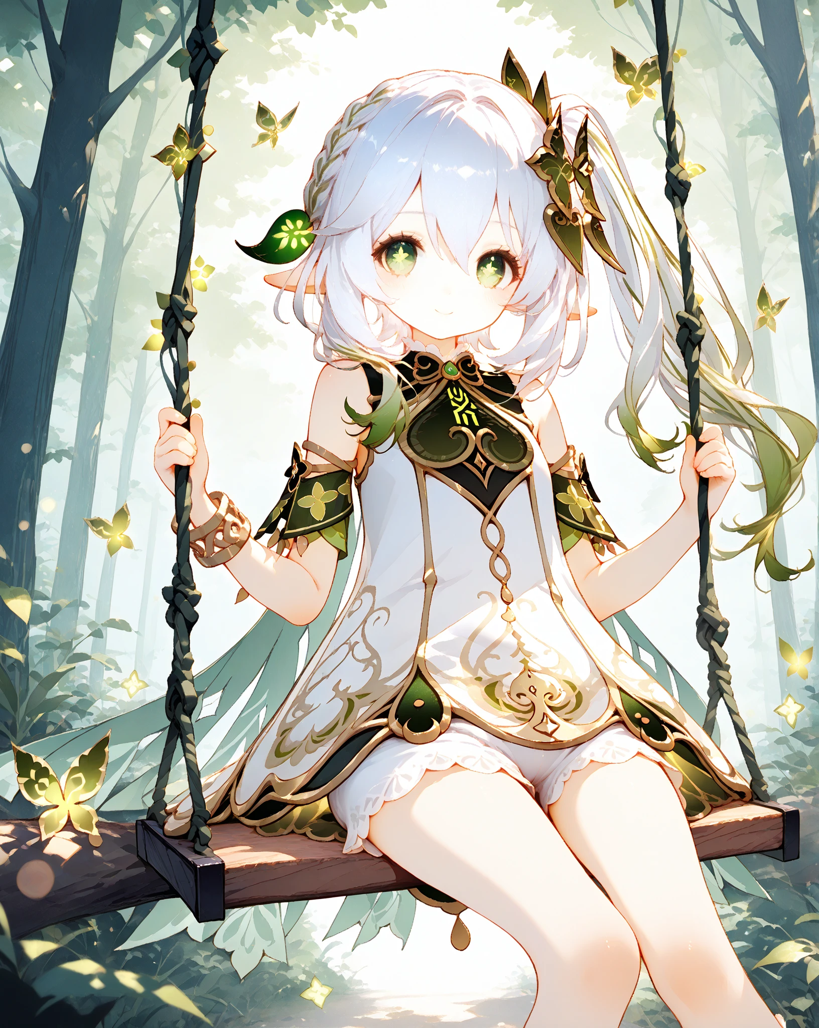masterpiece, best quality, swing,sitting,whole body,1 girl,Nahida \(Genshin Impact\),white hair,colorful hair, Side Mao Insult,hair accessories,green eyes,Pictogram primary school student,pointed ears, jewelry, Detached sleeves,white dress,Long legs with exposed toes,gray background, Smile, bright colors, forest background,