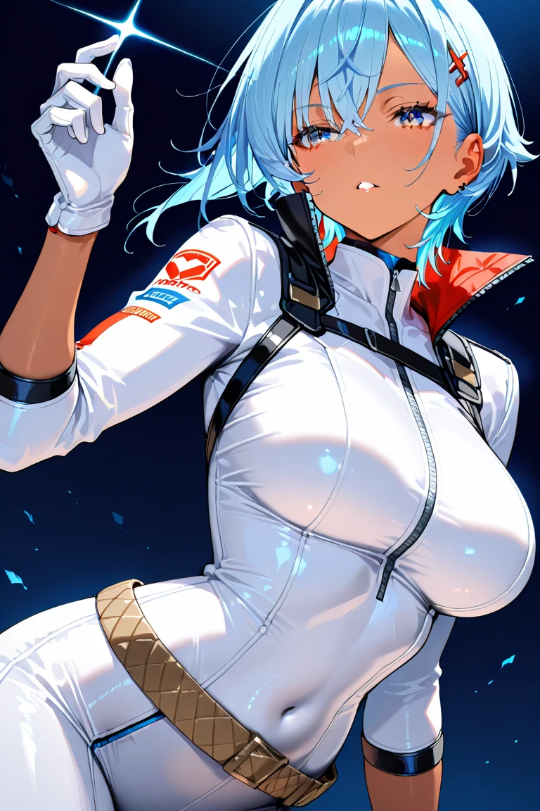 (masterpiece, best quality:1.2), 1girl, solo,mature_lady, delicate face,detail eyes,long hair, floating hair,medium breasts,floating clothes,,Ayanami Rei,white bodysuit,red eyes,pilot suit,short hair,blue hair,bangs,interface headset,turtleneck,hair between eyes,in a plaza