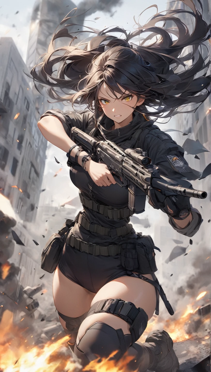 Action Scenes、Urban Warfare、Gunfight、((masterpiece, highest quality:1.3)),cowboy shot,20 year old beauty,solo,((very small head)),dark blue hair,long hair,black eyes,blunt bangs,medium breasts,((long body,slender body)),skinny,shiny skin,oily skin,sweat,Black tight tank top、Navel exposed、Black leather micro mini shorts、gunbelt,equipped with automatic rifle、Shoot a gun:1.5,on street、Ruined Tokyo、End of the World、