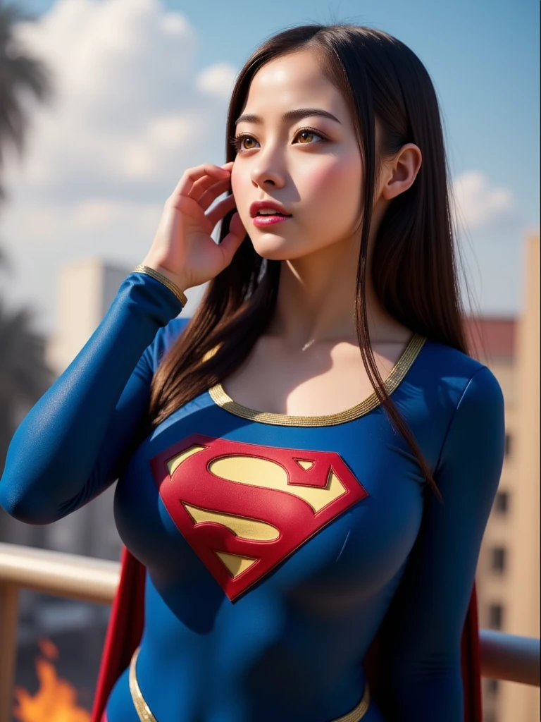 (1womanl:1.3), solo, 35 year old, __body-parts__, offcial art, Unity 8k wallpaper, ultra-detailliert, Beautiful and beautiful, Beautiful fece, ​masterpiece, top-quality, ​masterpiece, ultra fine photos, top-quality, 超A high resolution, Photorealistic realism, sunlights, Full body portrait, Amazing beauty, Dynamic Poses, delicated face, Vibrant eyes, (Seen from the front), ((She wears a full-body Superman suit, Full suit)), ((Red short skirt)), ((Huge breasts)), Blue-black top、red cloak、superman、((Capital letters on the chest))、Very detailed abandoned warehouse background、A detailed face、Detailed complex busy background、Messy and gorgeous milky white、highlydetailed skin、realistic skin detail、Visible Pore、sharp focus、Volumetric fog、8K UHD、Digital SLR、hightquality、film grains、fair white skin、photorealisim、Lomography、The huge metropolis of the future dystopia、