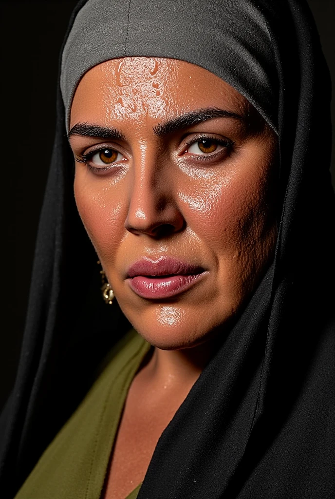 face close up of a matured turkish woman model wearing hijab and robe with sweating wet face skin, real model, real people, real scene, real skin texture, Hyperrealistic,Photorealistic image, dynamic lighting, volumetric illumination, 4 K, awarded, real scene , sharp focus to the face , ( 8K ultra HD :0.8), more details, RAW amateur photo neck, And a sweaty face , sex,seat,(( sweaty chest and décolletage , sweaty skin,Sweaty, shiny skin)) ,