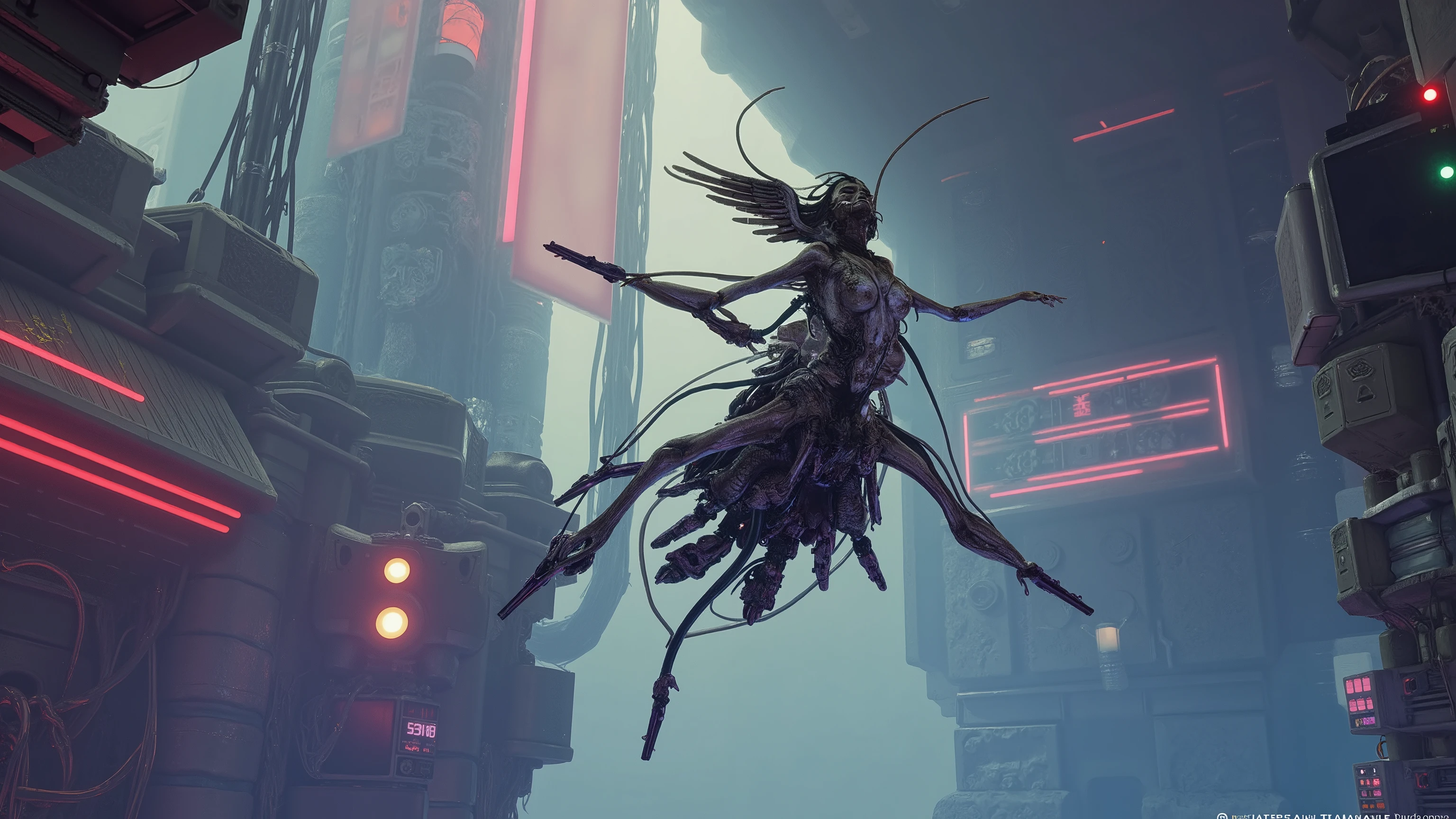 Anime drawn image, intricate, detailed, ornate, fantasy, machinery, neon, cyborg, mechanical parts, mechanical limbs, mechanical wings, cybernetic augmentations, probes, cables, wires, suspended in the air