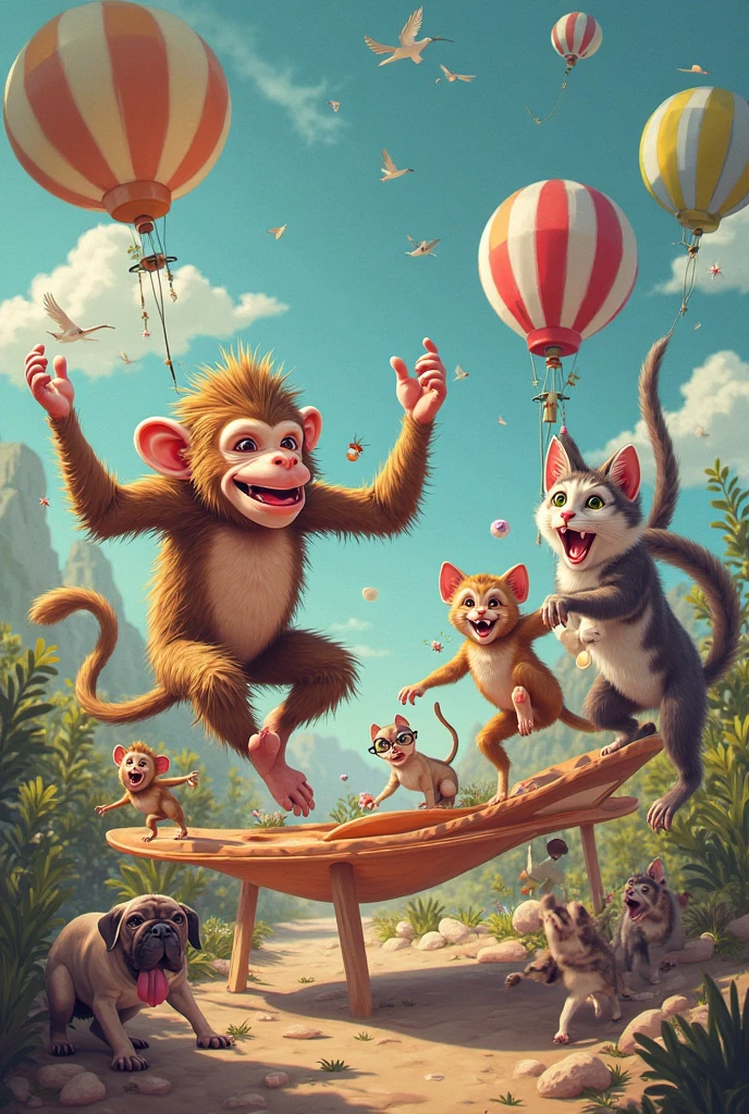 Wild Laughter in the City"
Scene 1: The Busy Market
Setting: A crowded marketplace with stalls selling fruits, vegetables, and other goods.
Characters: Monkey, Tiger, Cat, Vendors, and Shoppers.
Action: The monkey swings from stall to stall, grabbing bananas and tossing them to the tiger. The tiger, trying to be sneaky, catches the bananas in its mouth but struggles to hide due to its size. Meanwhile, the cat gracefully walks along the top of the stalls, batting at hanging decorations, causing them to fall onto unsuspecting shoppers. Chaos ensues as the vendors and shoppers try to chase the animals away, but they are too quick and playful, making everyone laugh.
Scene 2: The Park Prank
Setting: A peaceful park with people relaxing, kids playing, and vendors selling snacks.
Characters: Monkey, Tiger, Cat, Children, Park-goers.
Action: The monkey sneaks up behind a man sitting on a bench and pulls his hat over his eyes, causing him to jump up in surprise. The tiger, trying to act like a big cat, sits on the swing set, but its weight causes the swing to creak and bend, making kids burst into laughter. The cat, always the prankster, tiptoes behind a woman feeding pigeons and meows loudly, scaring the pigeons away and making the woman spill her popcorn.
Scene 3: The Street Show
Setting: A bustling street with a mix of vehicles and pedestrians.
Characters: Monkey, Tiger, Cat, Street Performers, Onlookers.
Action: The monkey jumps onto a street performer's drums and starts banging on them, creating a funny rhythm. The tiger tries to dance to the beat but ends up knocking over some signs and accidentally creating a domino effect with parked bicycles. The cat, not wanting to be left out, leaps onto the performer's hat and rides around on his head, causing the crowd to laugh and cheer.
Ending:
Action: As the sun sets, the monkey, tiger, and cat sit together on a rooftop, looking down at the city. They share a playful high-five (or paw-five) before the screen fade