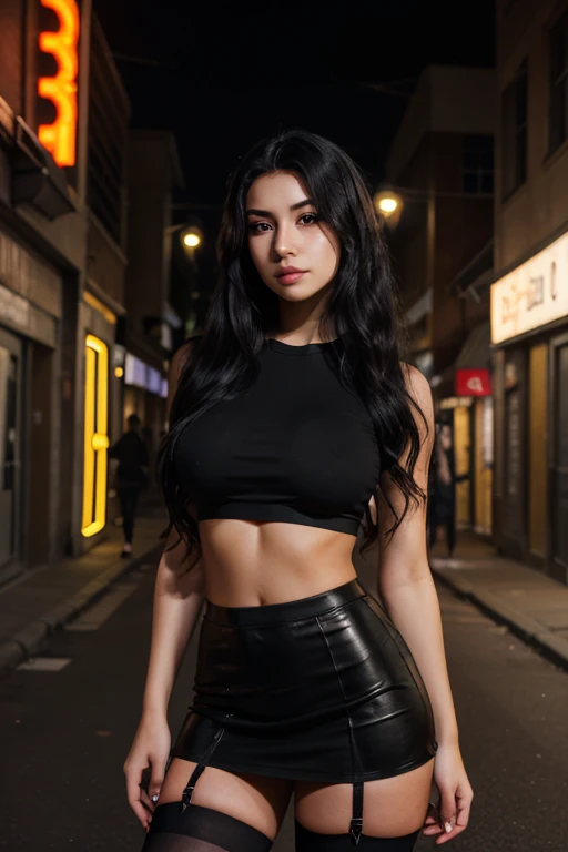 (Black girl)1girl, solo, red hair, black eyes, long hair, sharp nose, reddish mouth, fair skin, blush, (large_breasts), (large_butt), black legging pants, pants with red stripe on the side, black long sleeve legging shirt, black sneakers, eye-catching lips, shonen style. 
Scenery: night, moonlight, full moon, road, neon colors, distinct colors, (thin face), (sharp focus), (((masterpiece))), (detailed clothing:1.3), (detailed body:1.2), (perfect face), (perfect nose), (perfect eyes).