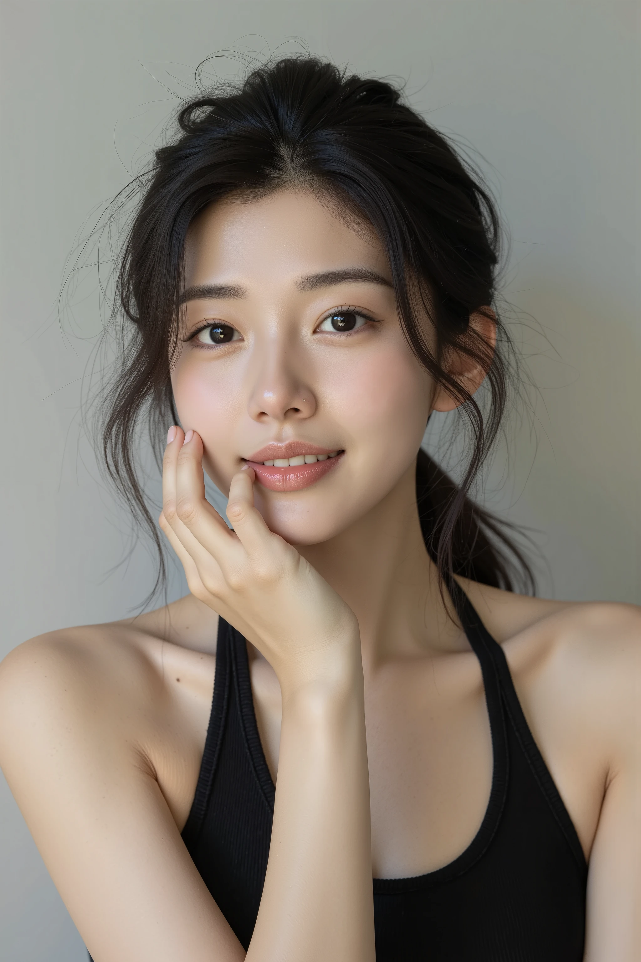 Create an image of a Asian woman. Model Poses, She is Chinese Super Celebrity, Korean Idol Girl. A charming smile, Although, Very charming. Clear skin , Sometimes use slightly messy hair to create a natural look. Almond eyes, sharp eyesight ,usually has a clean, neat hairstyle. , black, smooth hair, full of modernity . Create an image of a asian woman with delicate a facial faces, fit. The skin tone is slightly light yellow due to outdoor sports, , an upright posture.