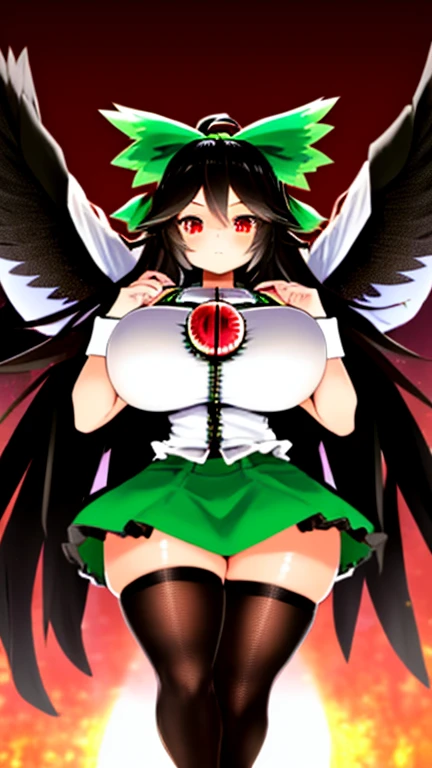(masterpiece, best quality), best quality, (ultra-detailed), (3heads:1.5), 1girl, (reiuji utsuho:1.3), masterpiece, best quality, ultra quality, ultra resolution, ultra detail, white top, crop top, ((stomach)), midriff, ((groin)), dark green skirt, normal ears, shackles, black hair, very long hair, wavy hair, sidelocks, red eyes, detailed eyes, parted lips, sweat, cute, toned belly, hand on own chest, eyelashes, (23 year old woman:1.3), (masterpiece:1.5), (best quality:1.5), (beautiful detailed), extremely detailed CG, extremely delicate and beautiful, depth of field, (finely detailed face), (perfect details:1.2), (mature female:1.3), wide pelvis, slender, large veiny breast, 16k resolution, highres, high quality, high definition, extremely detailed, masterpiece, best quality, black hair, long hair, alluring presence, braid, short skirt, close up, very big tits, huge tits, young, green bow, hair bow, wings, midriff, nsfw,