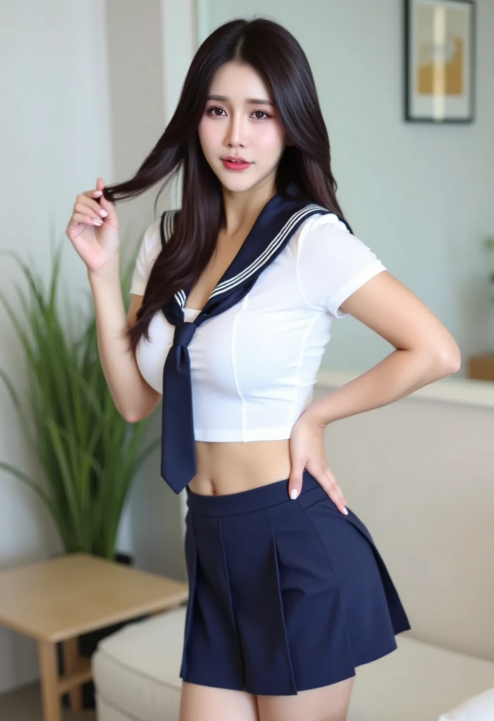 A beautiful woman in a Korean-style uniform showing her underwear