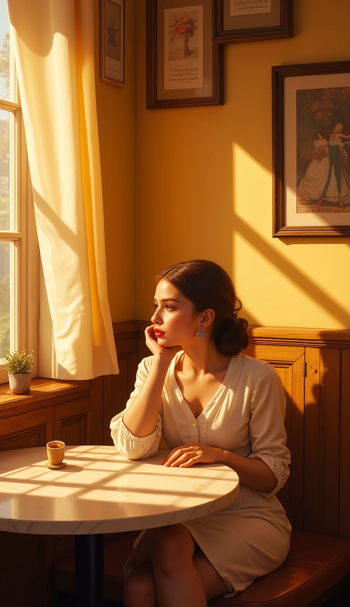 in a sunny cafe corner, golden light dancing on a vintage framed wall, Create a warm atmosphere, บรรยากาศเต็มไปด้วย nostalgia . . She sits gracefully at the marble table,, magnificent art,Refined,high quality walkers,clear focus,of bright colors,HDR,4K,Lighting studio,movies, Photographed ,Sunlight,Vintage Wall,Marble Plate,Cosy Atmosphere, nostalgia ,The use of colors and warm tones