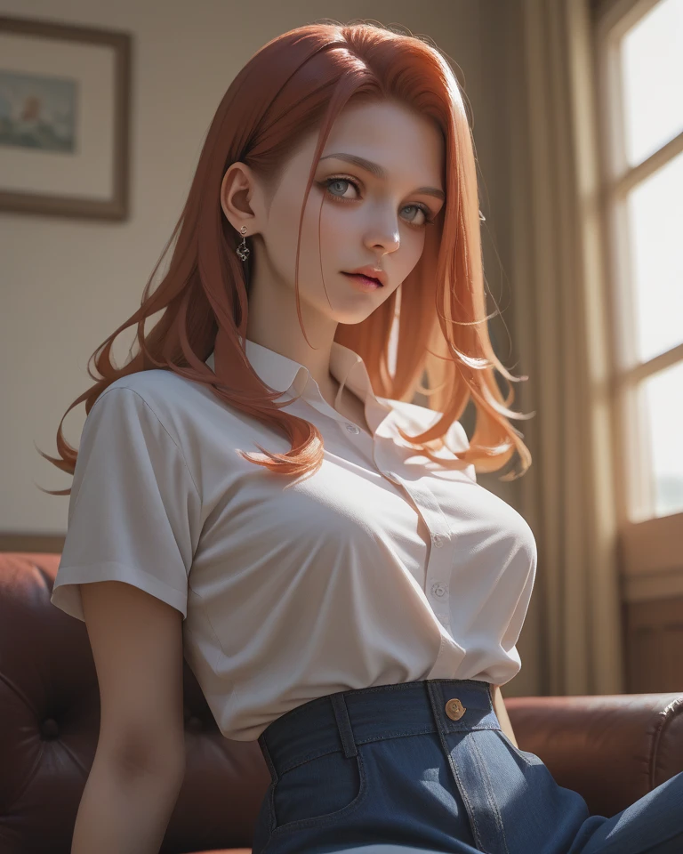 ((best quality)), ((masterpiece)), (detailed), 1 girl, 18 years old, off-shoulder polo shirt, small breasts, slim waist, blue eyes, full lips and reddish hair, slender body, lying on a bed, point of view from above towards her.
