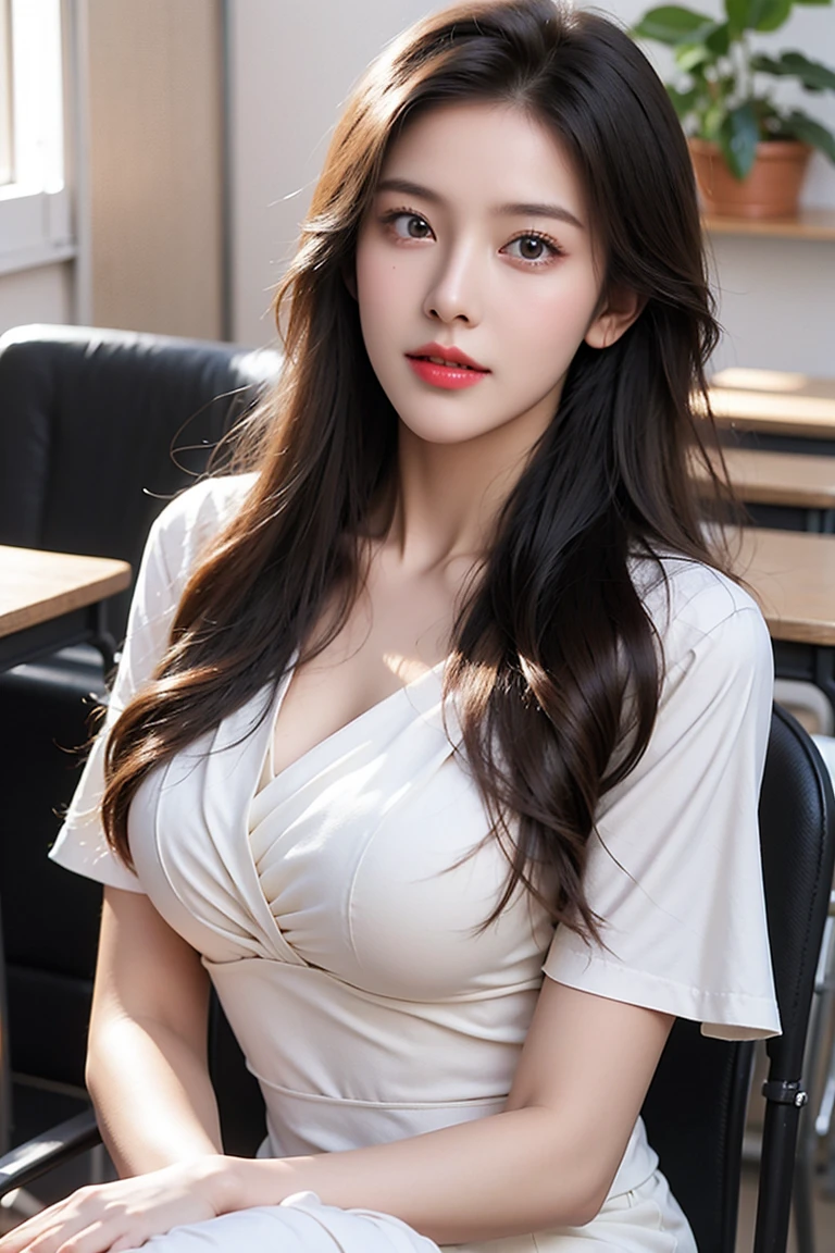 Gorgeous Iranian woman sitting in classroom, partial nudity, (short skirt, white blouse), detailed clothes, sexual arousal, 8K, RAW photo, top quality, high quality, extreme detail photo, extreme detail eyes, detail nose, left cheek, extreme detail face, extreme detail hair, extreme detail body, (photo shoot lighting: 1.3), 1girl, 24 years old, perfect anatomy, 1head, fluffy eyes, big eyes, good shape eyes, Brown eyes, colorful hair, caramel-colored hair, wavy hair, detailed eyebrows, smiling face, very deep wrinkles around the mouth, neat teeth, (normal breasts: 1.2), natural makeup, detailed necklaces, detailed earrings, cinema, bokeh on the background, dynamic lighting, FUJIFILM XT4, 1 hair, short neck, 1girl, knee shot,