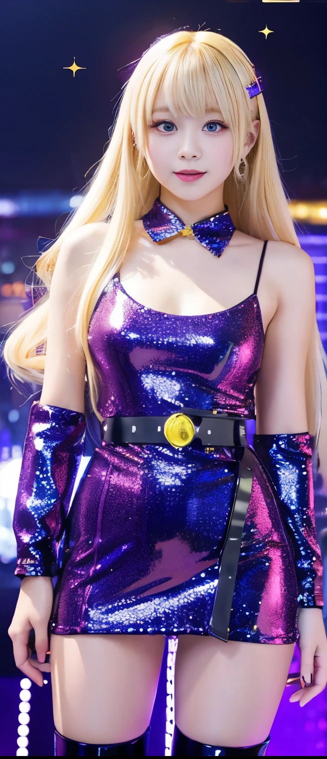 pure cyber formal idol girl（colorful blonde hair）、A pure girl's face、 hypo、、Yellow Sequin Latex Tight Mini Dress、、sparkle belt、Glowing Starlight Night、