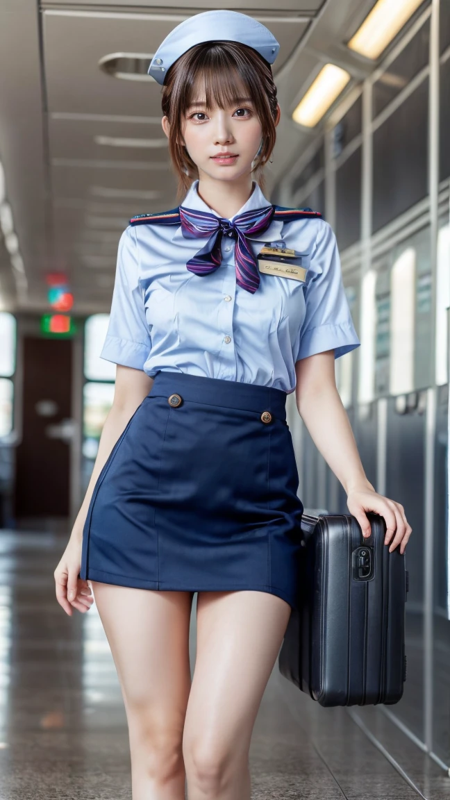 (8k, highest quality, masterpiece: 1.2), (Realistic, Realistic: 1.2), Beautiful Japanese 20 year old woman, Tight waist, Thin thighs, detailed: (非常にdetailedな: 1.3), ((stewardess costume)), Updo short hair, ((Wearing a mini skirt)), Slim and perfect style. (High resolution: 1.1), Airplane Passenger Passenger Passenger, ((From below:1.45)), ahegao, ((Perfect beauty)),