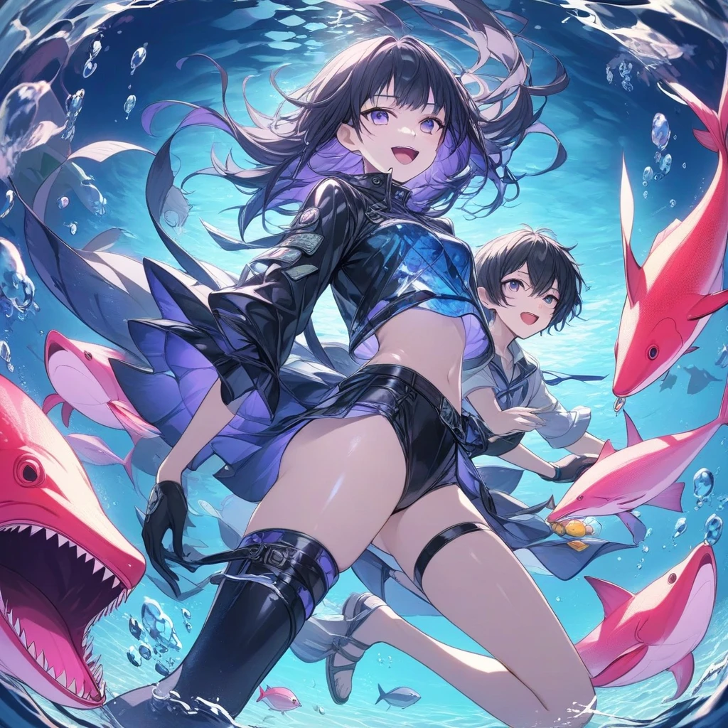 Movie Poster Parody "Jaws" With the following details::Camera view The camera view is in the form of looking from the side below. Looking up at the main character, who is under water, this camera angle makes the viewer feel like in the water, like the main character, which conveys the depth and danger of emotions, the main character in the picture is a girl in a housewife's dress with a solemn face. Red eyes convey dissatisfaction or boredom. THE PATH OF THE MAIN CHARACTER AND BEING IN THE WATER GIVES A FEELING OF CALM, BUT AT THE SAME TIME FRIGHTENING, THE CHARACTER ON THE UPPER RUBBER HOOP EXPRESSES FEAR OR SHOCK. CONVEYING THE PERCEPTION OF THE DANGER UNDERWATER, THE DESCRIPTION OF THE NAME “ELLEN JAWS” IS LOCATED AT THE TOP OF THE PICTURE IN THE FORM OF BOLD AND CLEAR FONTS. Depicting a parody of the movie name “Jaws”, the main character has black and red hair, big red eyes, and small fangs, which makes the character look like a shark, wearing a maid costume designed to look like armor, which makes the character look strong and fearsome in the water around. The main character has small bubbles depicting the character's underwater movement. Being on a rubber hoop is a parody of a scene in the movie “Jaws”, in which a shark costume is worn with a shocked gesture.