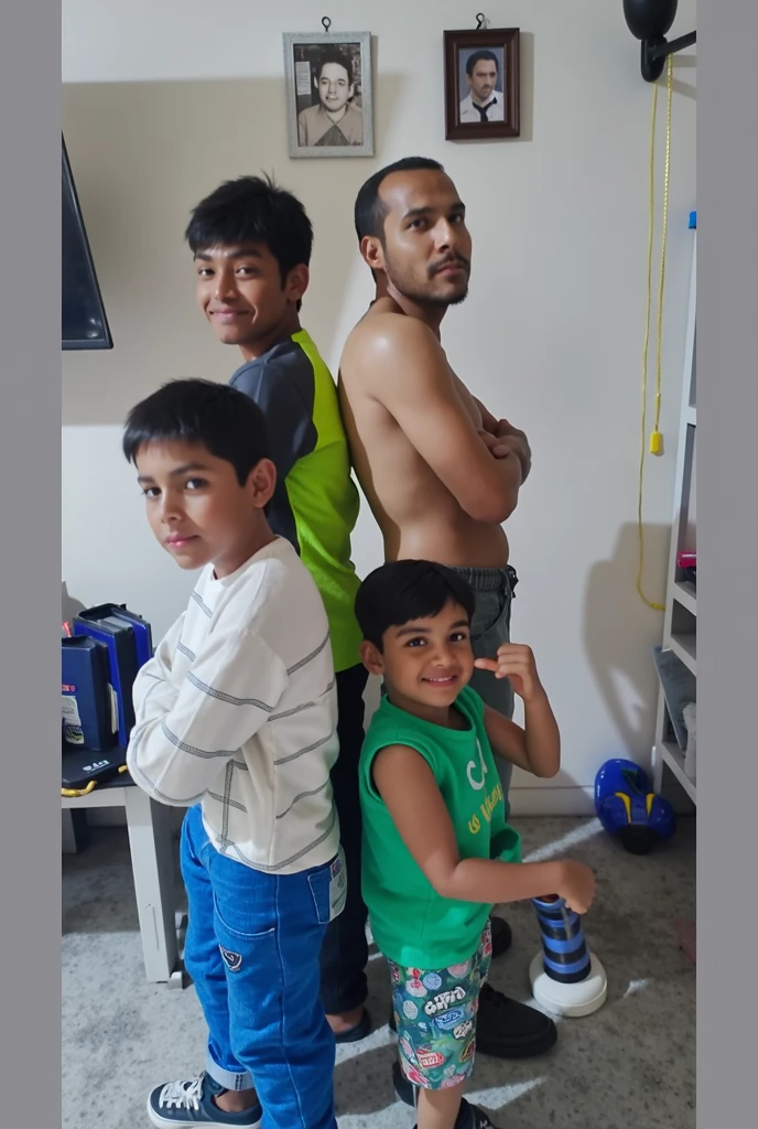 Three men, one cute guy between the two muscular men