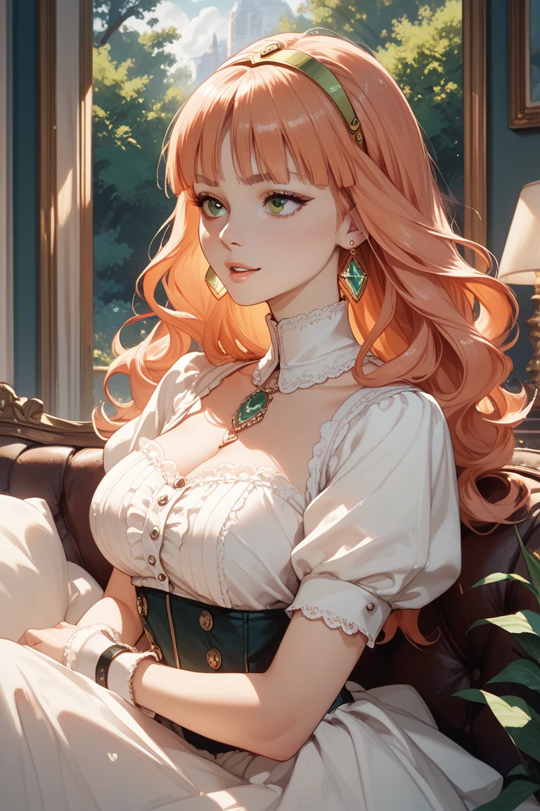 ((masterpiece,hight resolution,8K picture quality,top-quality)),1womanl,((extra detailed face)),Delicate eyes,((Eyes are green)),((hairstyle on:Wavy long hair,strong wavy hair,redhair)),art deco room,window with roses,lensflare,Dramatic makeup,Natural complexion,close up,huge tit,showing off breasts,Shy face,Flushed cheeks,sexy lip,