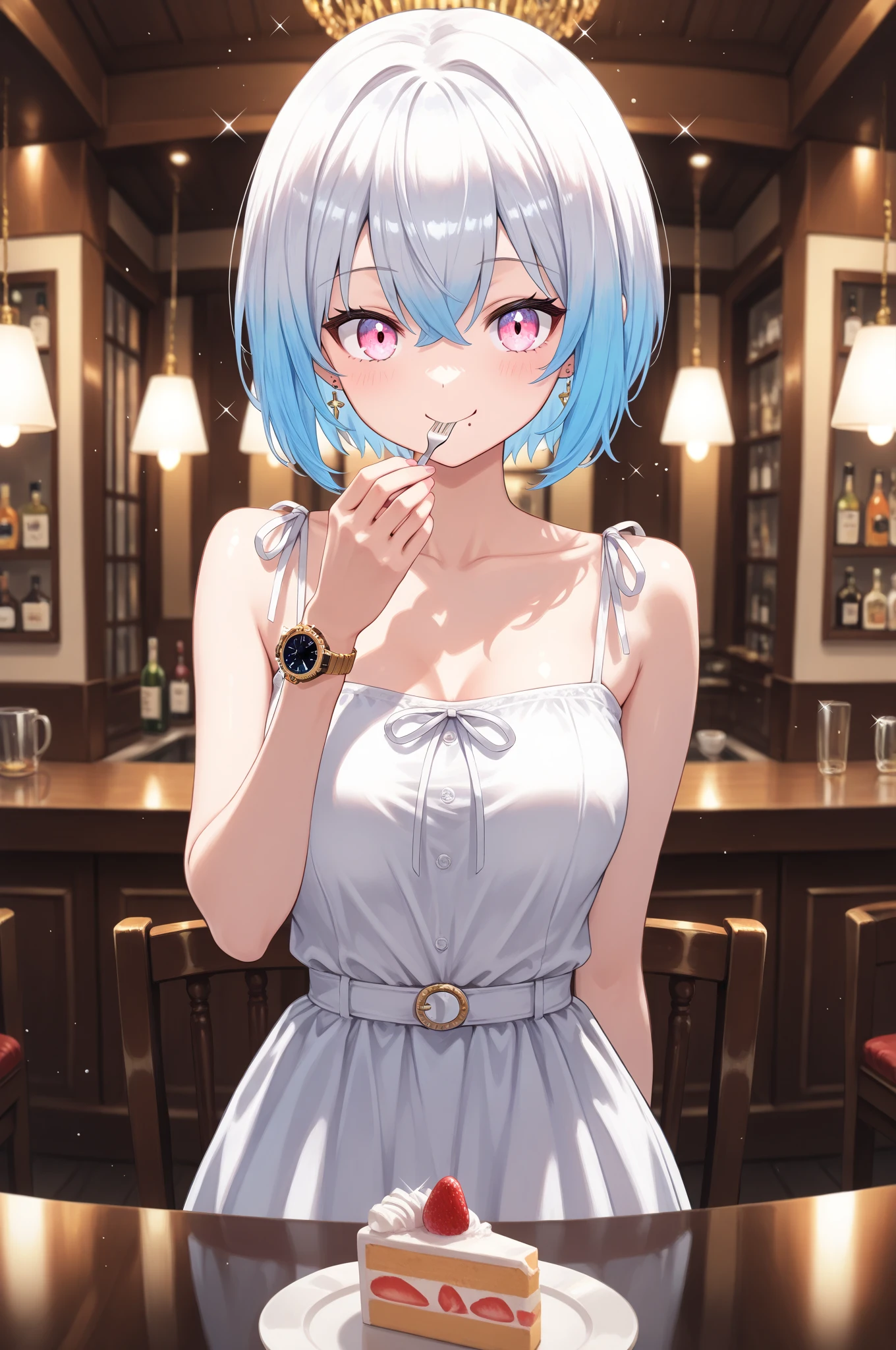 (musterpiece), (best quality), (score_9, score_8_up, score_7_up), very detailed eyes, expressive eyes, perfect face, very detailed face, highly detailed face, beautiful girl, 8K, beautiful girl, (white background:1.3), delicate and beautiful face and eyes, dark intense shadow, 1 girl, solo, vtuber style, cool girl, hololive, vtuber, amane kanata, multicolored hair, grey hair, short hair, purple eyes, messy kimono, off the shoulders, Healthy slim body, flat chest, soft chest, cleavage, clavicle, cameltoe, hiny Oiled Skin, half-closed eyes, wet hair, wet body, ass visible through thighs, (whole body), drinking sake, sitting, look up, smile, blush, tipsy, one hand holding a Sake glass, from below, pov chest,