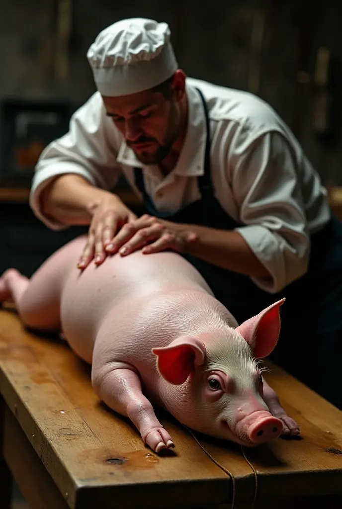 "Create a highly detailed and realistic scene depicting the process of skinning a pig. The scene should show a pig being skinned with the skin partially removed, exposing the underlying muscles and fat. Include realistic textures, such as the shiny, wet appearance of the exposed flesh and the tools used for skinning. The environment should resemble a typical butchery or meat processing area, with appropriate lighting and background details."