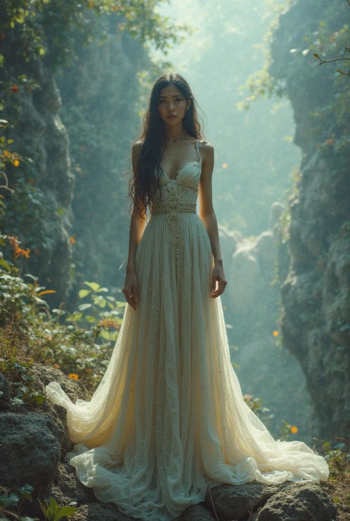 beautiful woman zodiac sign woman, (sign of Aries), with Ruins, wears a long white dress, completely black hair, Nature background, 8k, detailed skin, perfect lightning, hyperrealistic image