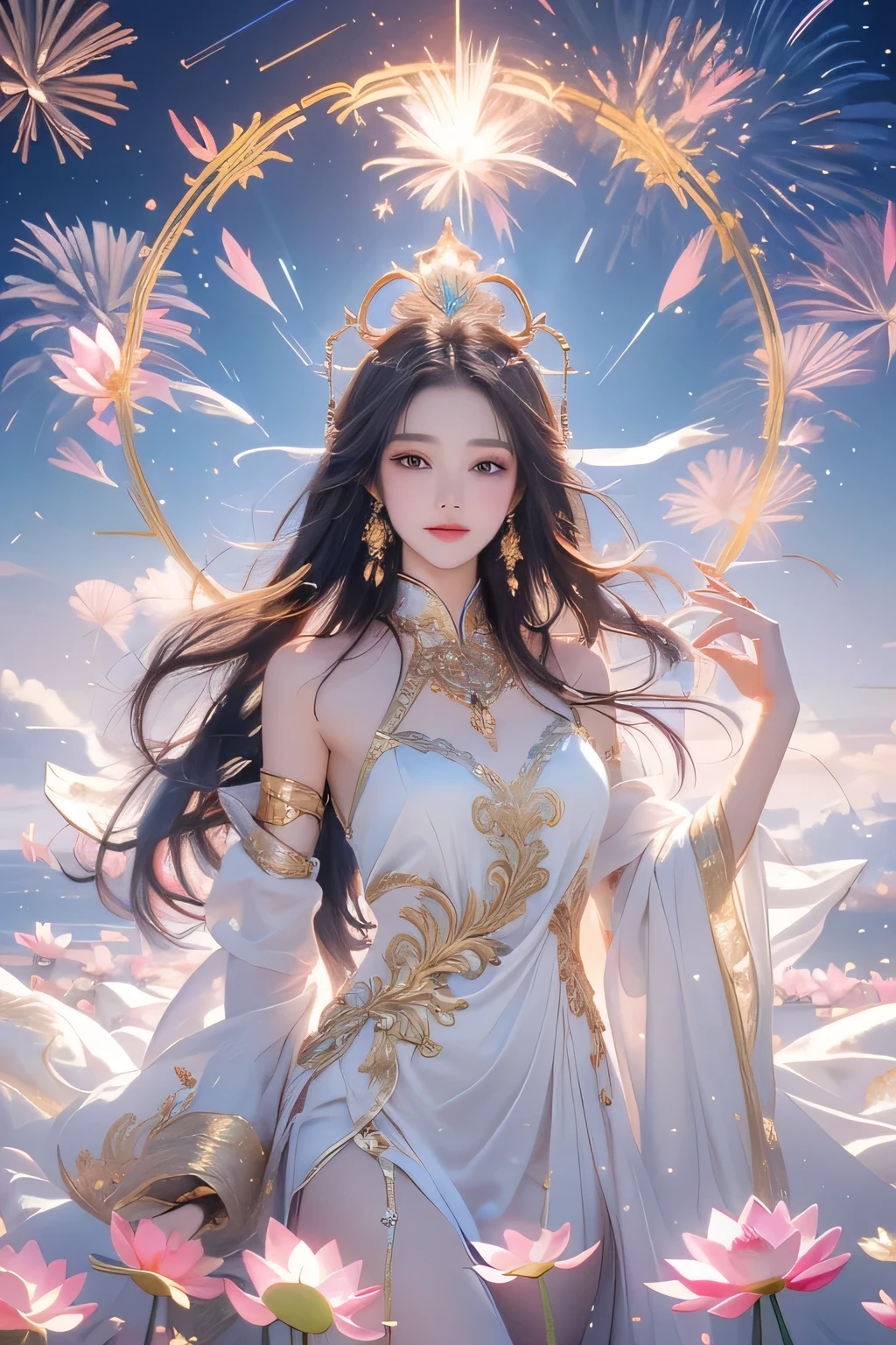 beautiful celestial goddess floating above pastel clouds, dreamy heaven background, surrounded by glowing lotus flowers and golden sparkles, long flowing black hair, ornate jade and gold crown, white and silver divine dress with golden embroidery, soft radiant skin, divine aura, glowing magic ring behind her head, fantasy chinese style, ethereal atmosphere, delicate light, fireworks in the background, cowboy shot, mid-thigh framing, cinematic composition, ultra detailed, masterpiece