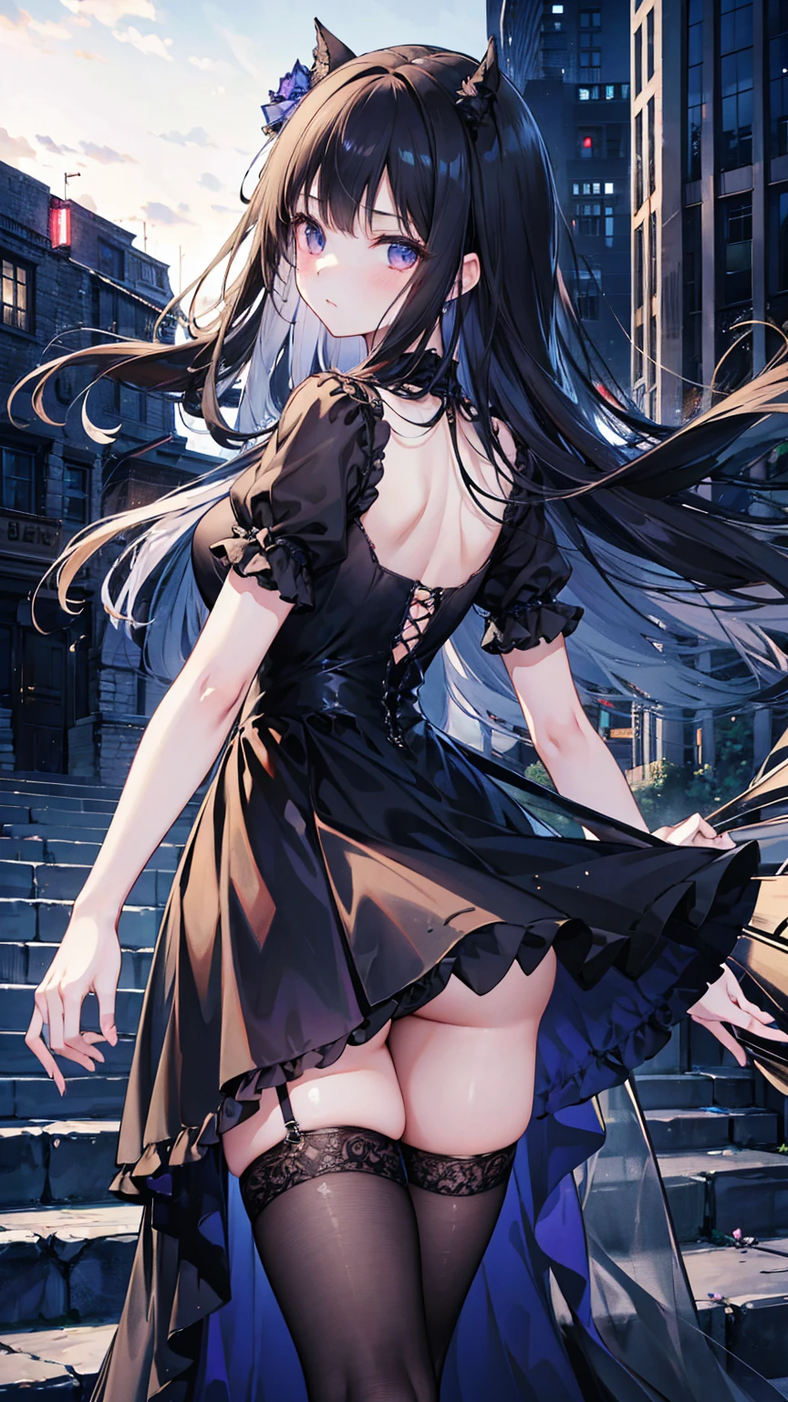 tifa lockhart, MKSKS style, (highly detailed background:1.0), (highly detailed background:1.0), Final Fantasy VII Remake, (red eyes), 1 girl, bare shoulders, aqua dress, black hair, green dress, No sleeve dress , sundress, Home, long hair, night, night null, open your mouth, outdoors, ponytail, sitting, null, No sleeve, No sleeve dress, star (null), starry null, town, old, small breasts, ((white ruffles)), (white dress),