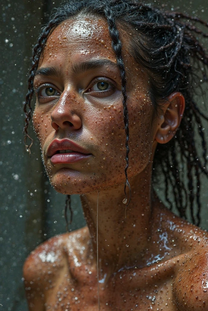 Gorgeous African ebony, an alluring woman with captivating almond-shaped eyes, draped in elegant silk fabric that flows gracefully around her, sitting serenely by a tranquil waterfall in a lush rainforest, with the misty air enveloping her like a veil, conveying a sense of tranquility and connection to nature