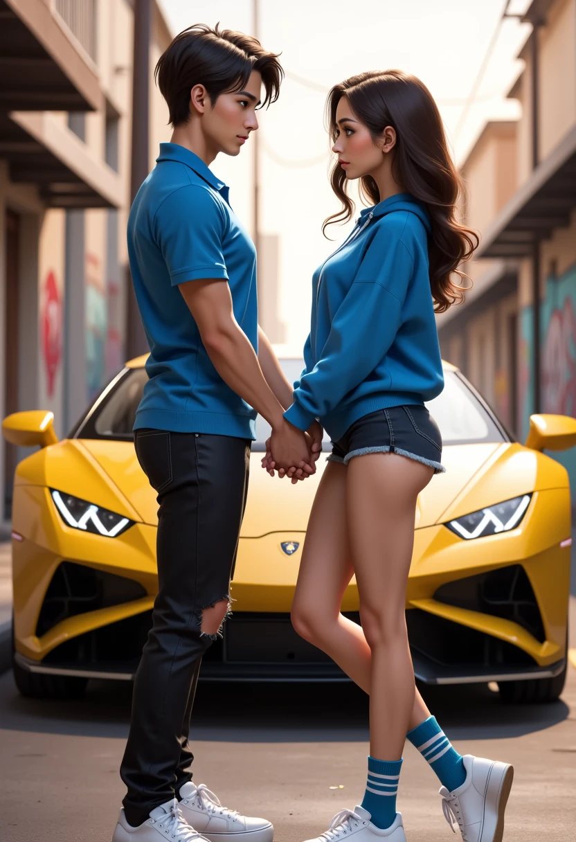 A young man stands next to a supercar and roars up to usher in the rising sun, and a young woman snuggles up next to the man --auto