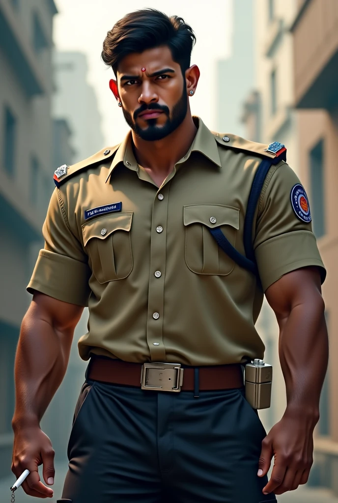 Handsome indian Officer Rahim Khan masuculine bodybuiler indian wrist bands with spiky hairstyle police officer weared light khaki uniform, standing in police station 