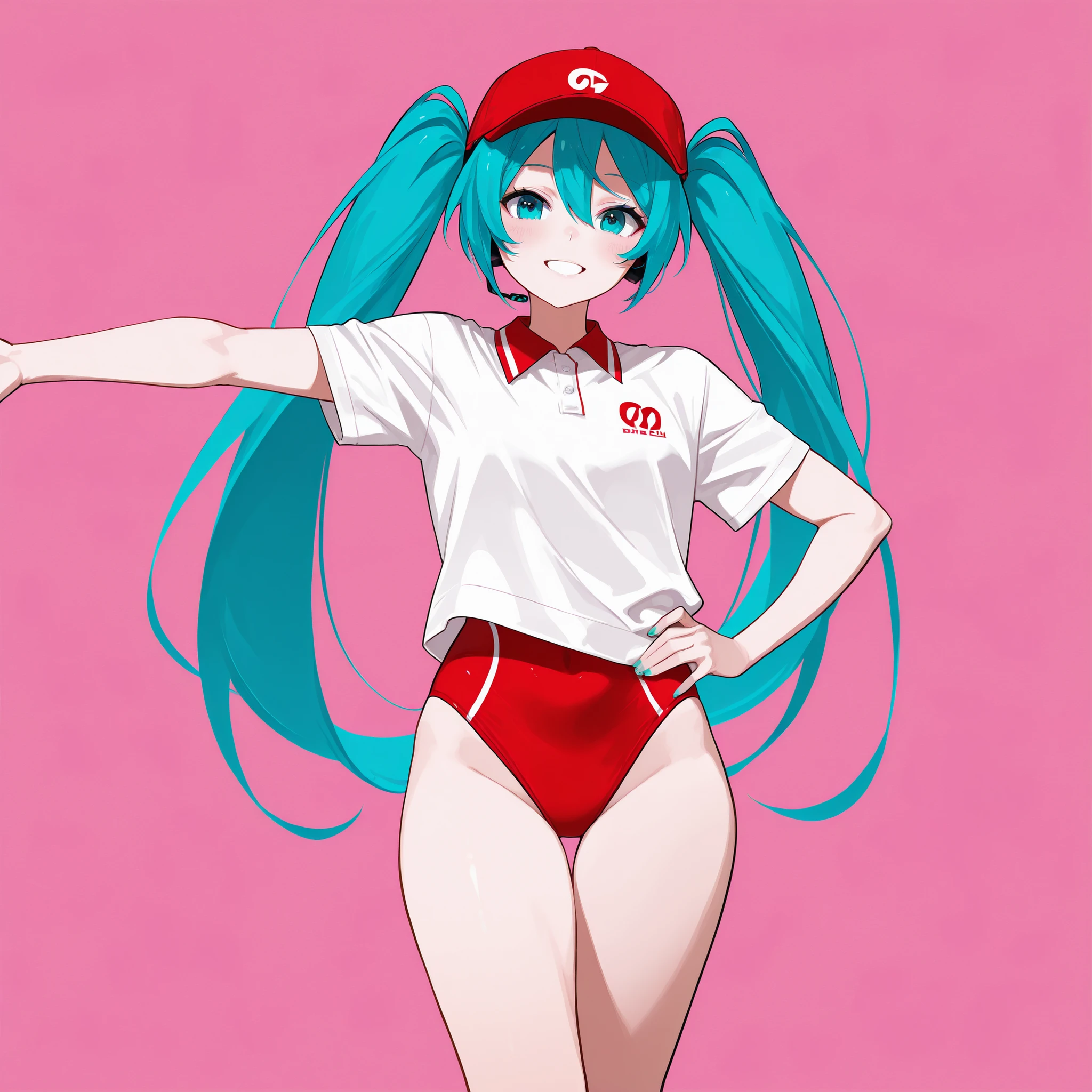 logo musical album by Hatsune Miku,  in a red swimsuit , with a large white polo shirt and red hat, posing in a haughty manner, different perspectives and posing in an exaggerated way, pink background